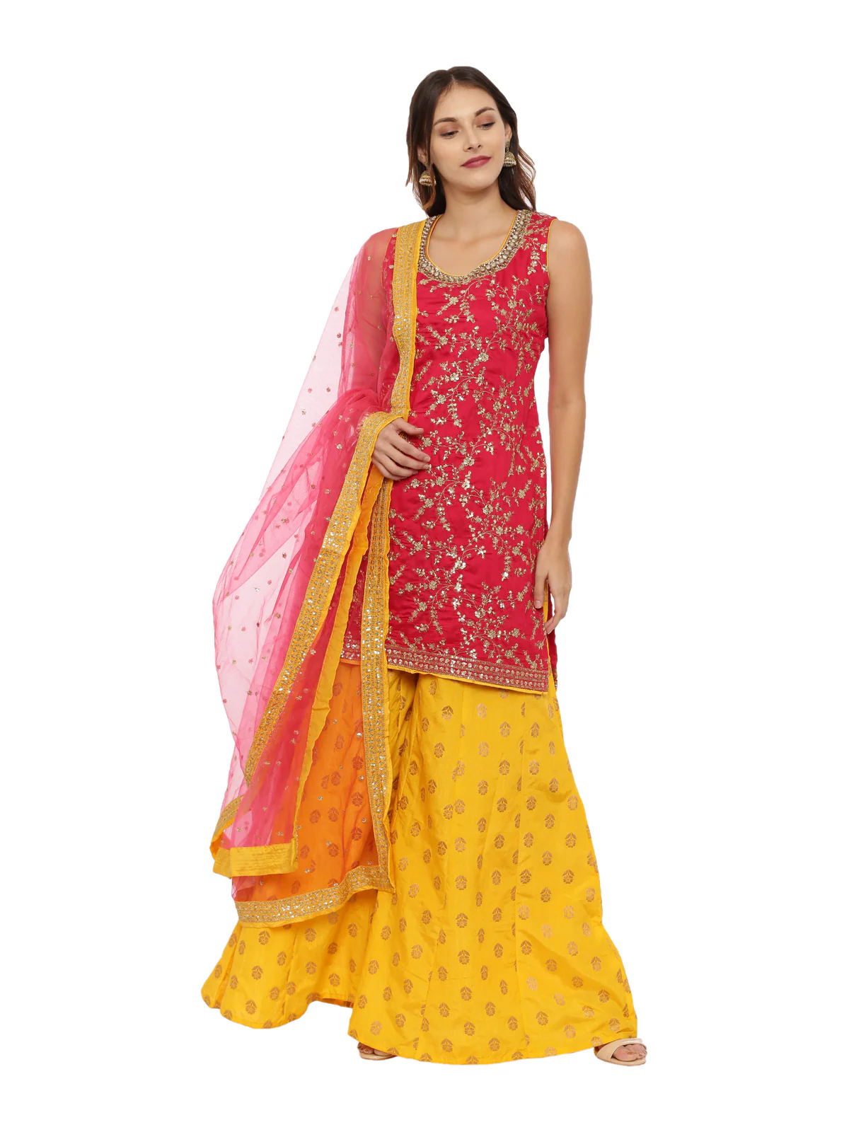 Neerus Red & Yellow Zari Kurta With Palazzo & Dupatta