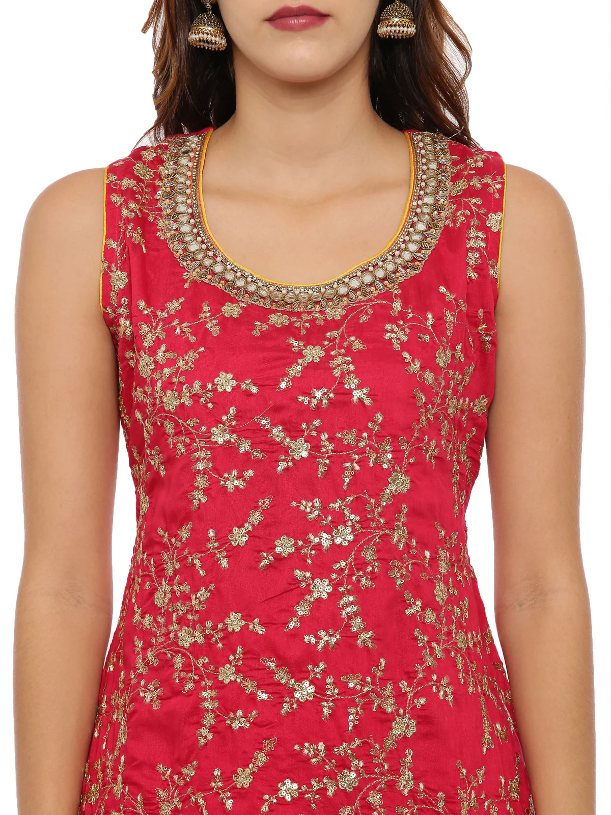 Neerus Red & Yellow Zari Kurta With Palazzo & Dupatta - Image 2