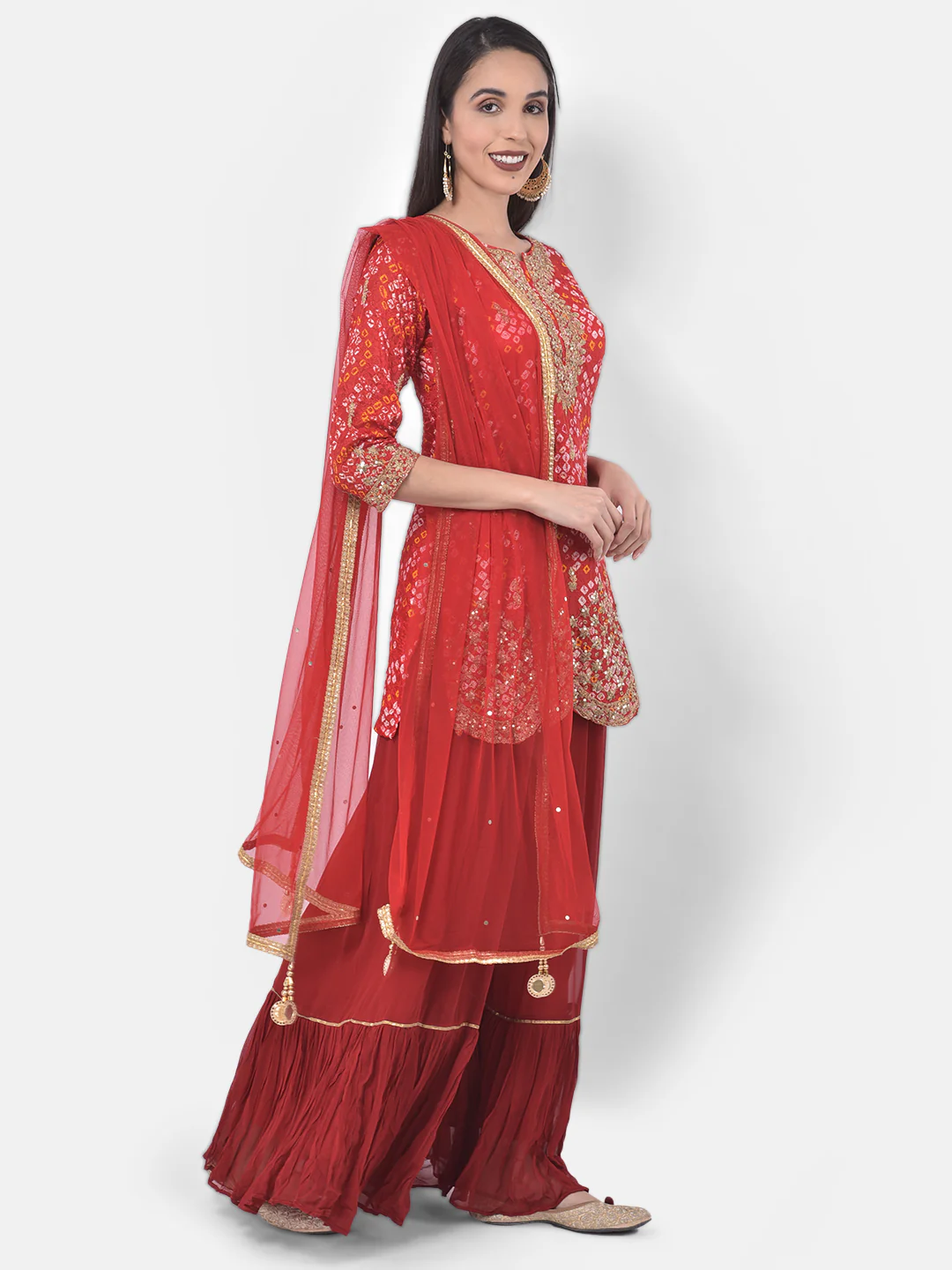 Neerus Red Zari Kurta With Sharara & Dupatta