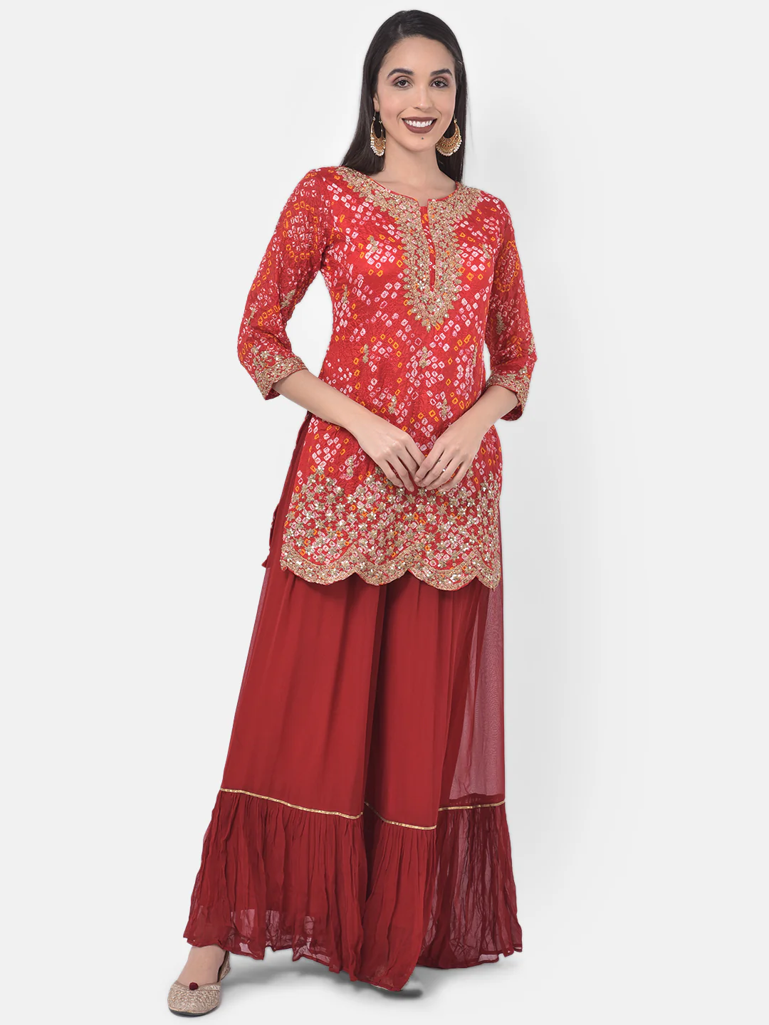 Neerus Red Zari Kurta With Sharara & Dupatta - Image 7