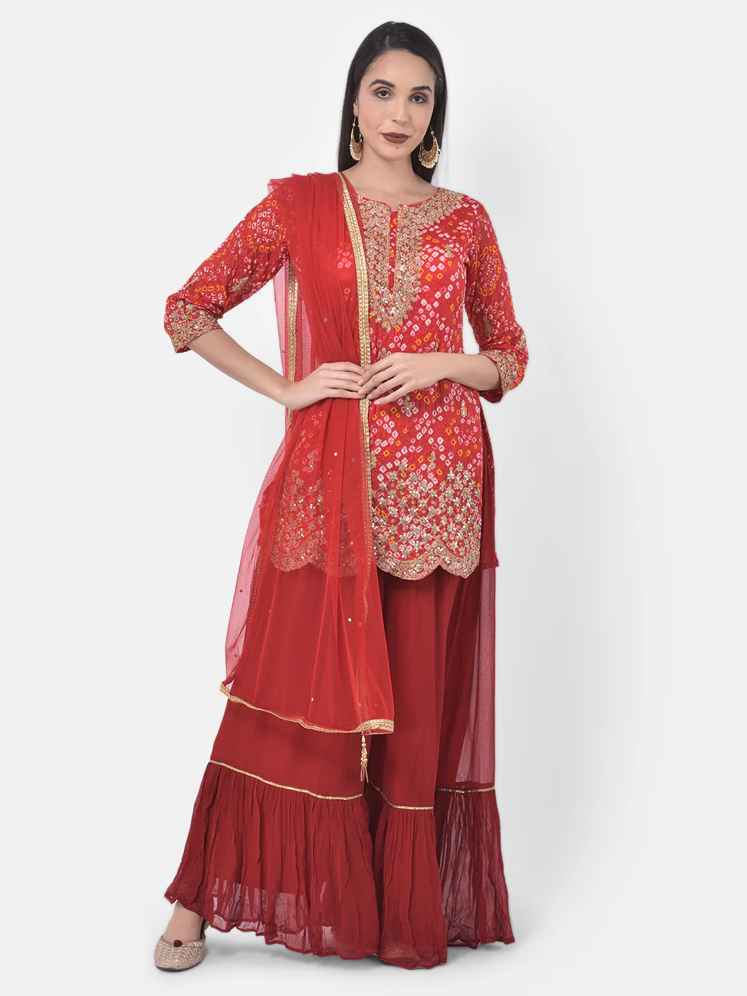 Neerus Red Zari Kurta With Sharara & Dupatta - Image 8