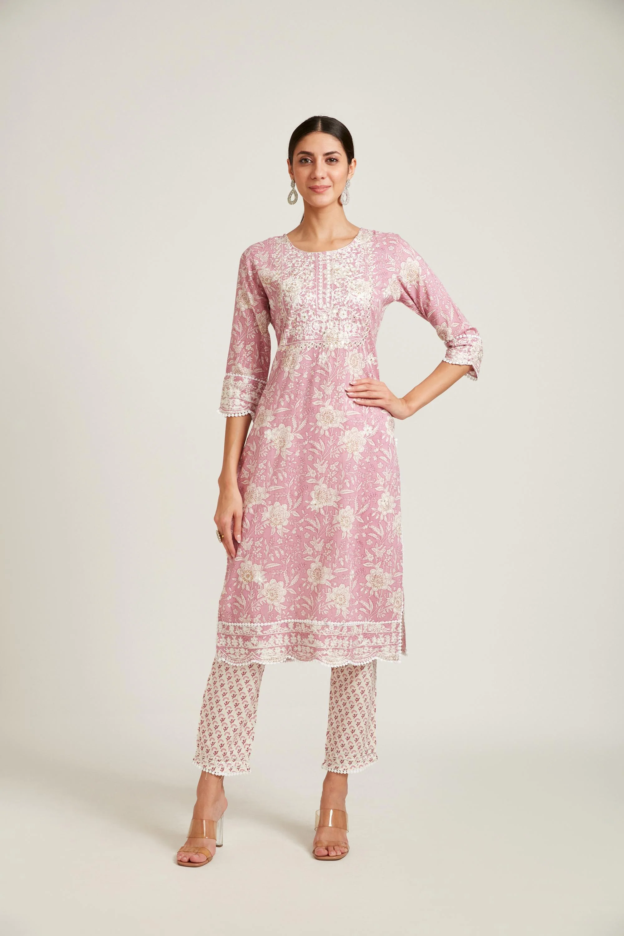 Neerus Rose Pink Color Cotton Fabric Kurta Set - Image 3