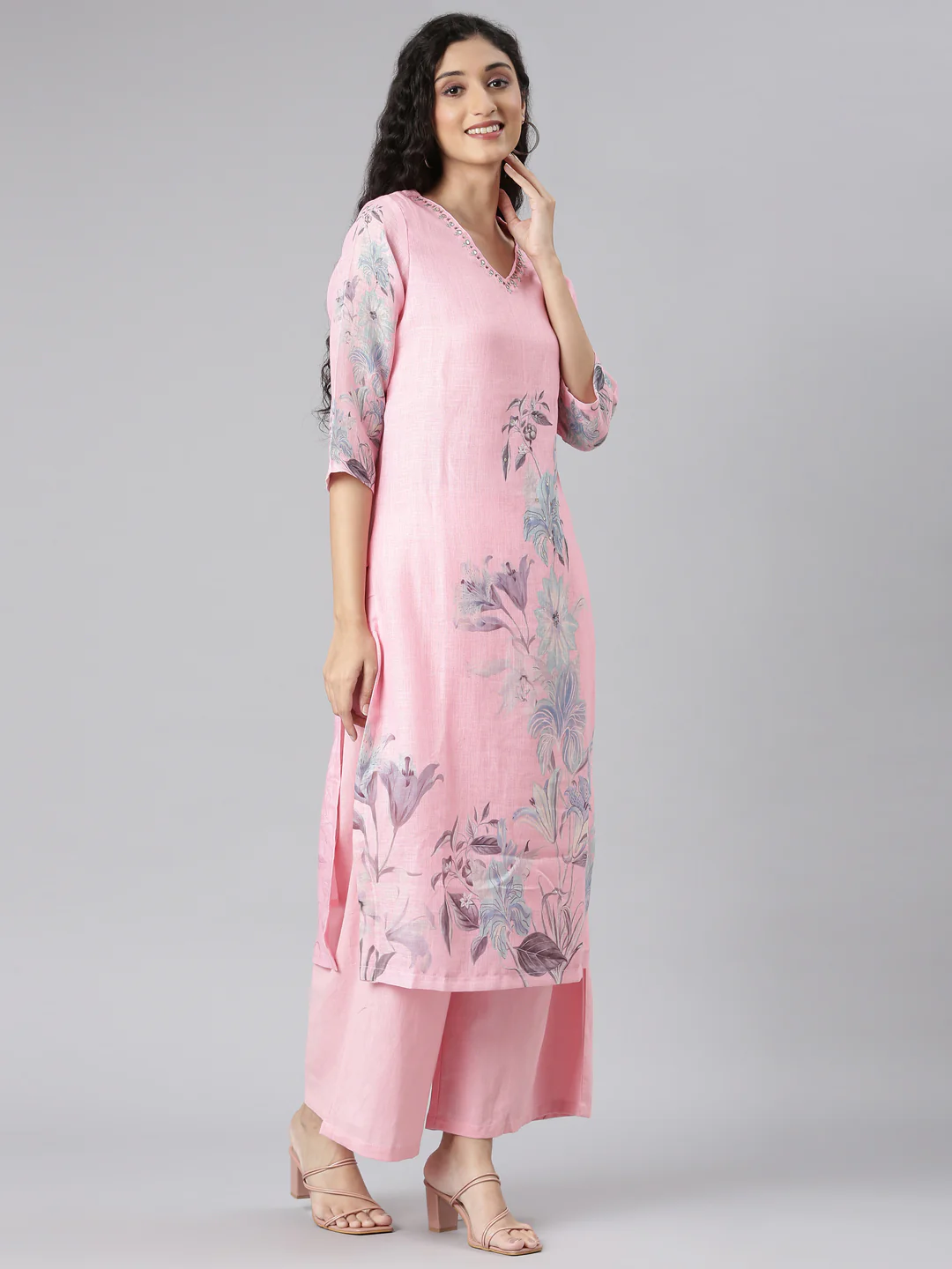 Neerus Rose Straight Casual Floral Kurta and plazzo with Dupatta - Image 3