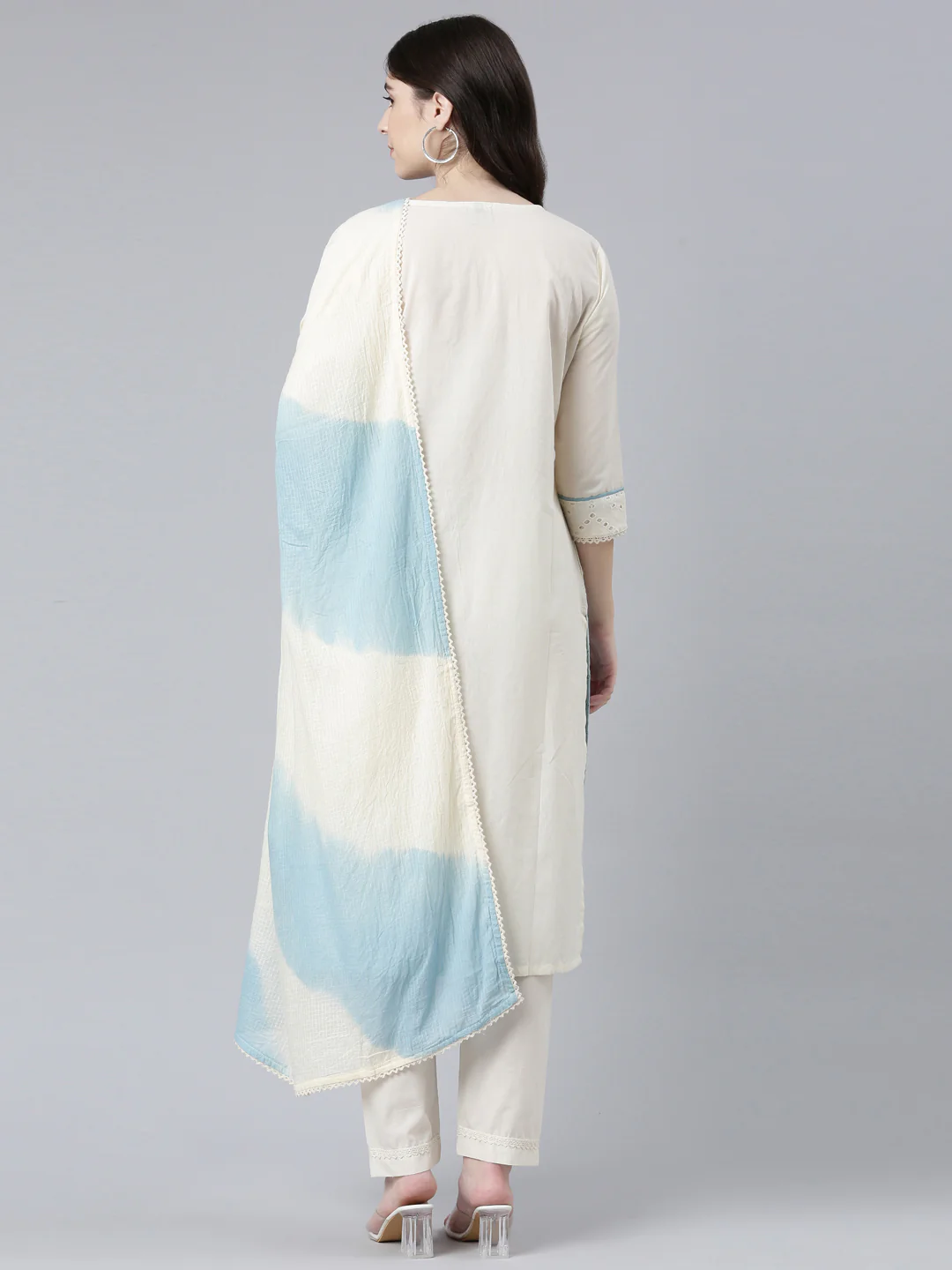 Neerus Round Neck Cotton Kurta With Trousers With Dupatta - Image 4