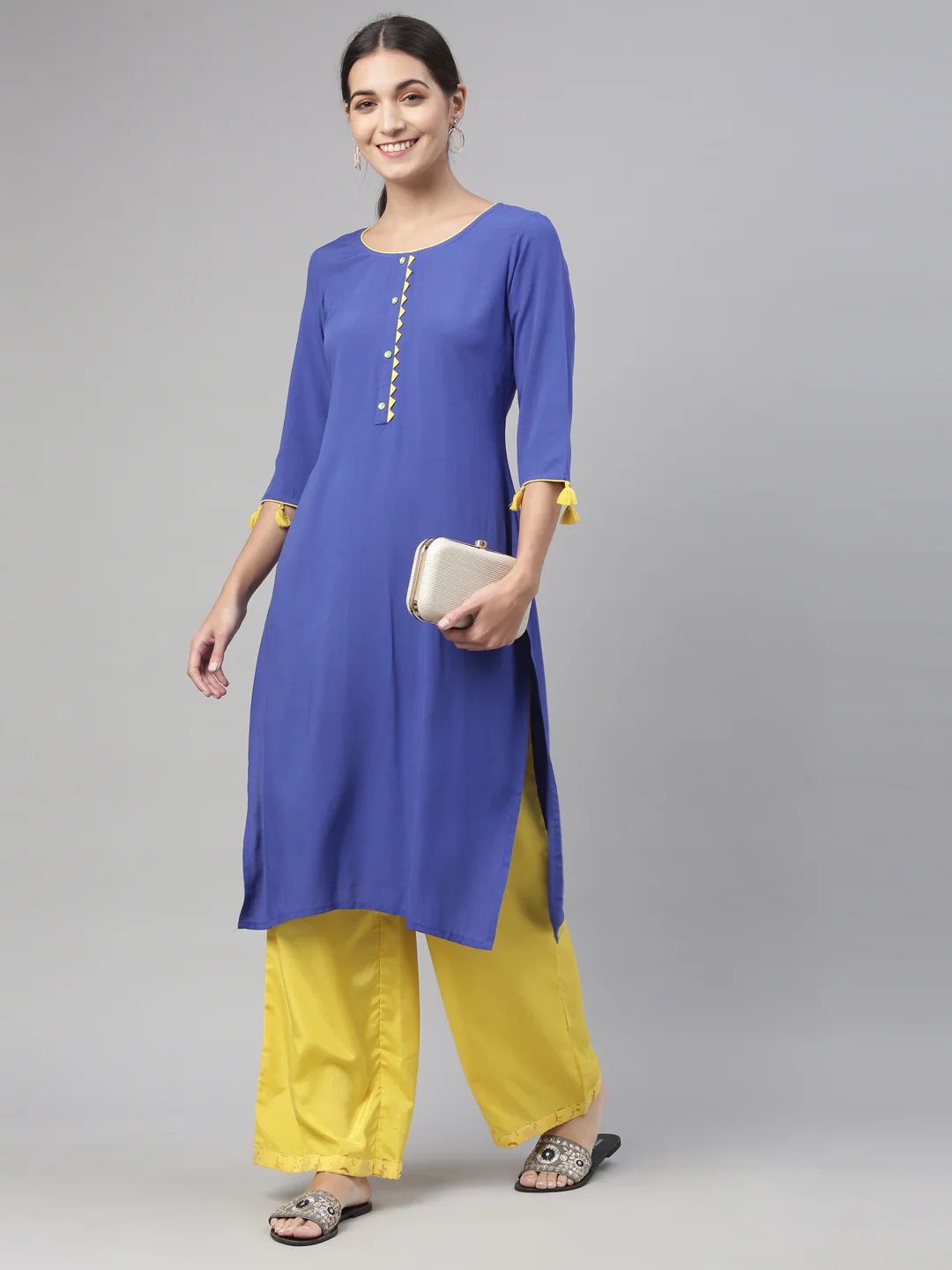Neerus Royal Blue Color Slub Rayon Fabric Kurta - Image 5
