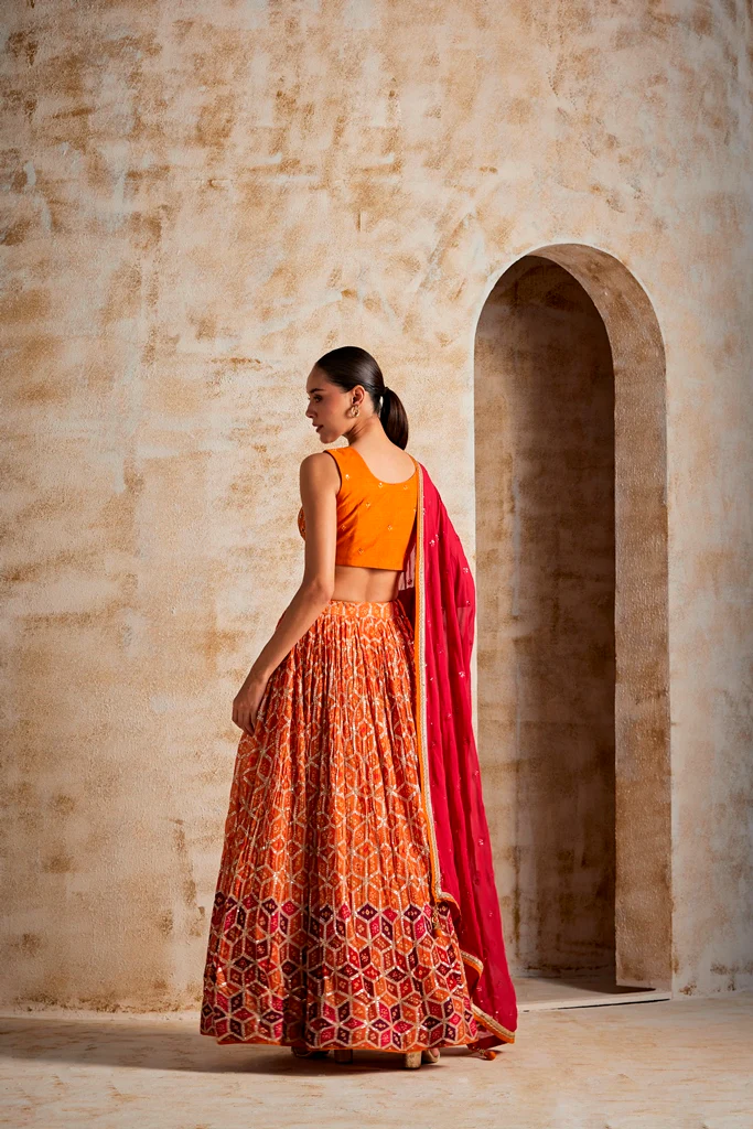Neerus Rust Color Chinon Fabric Ghagra Set - Image 4