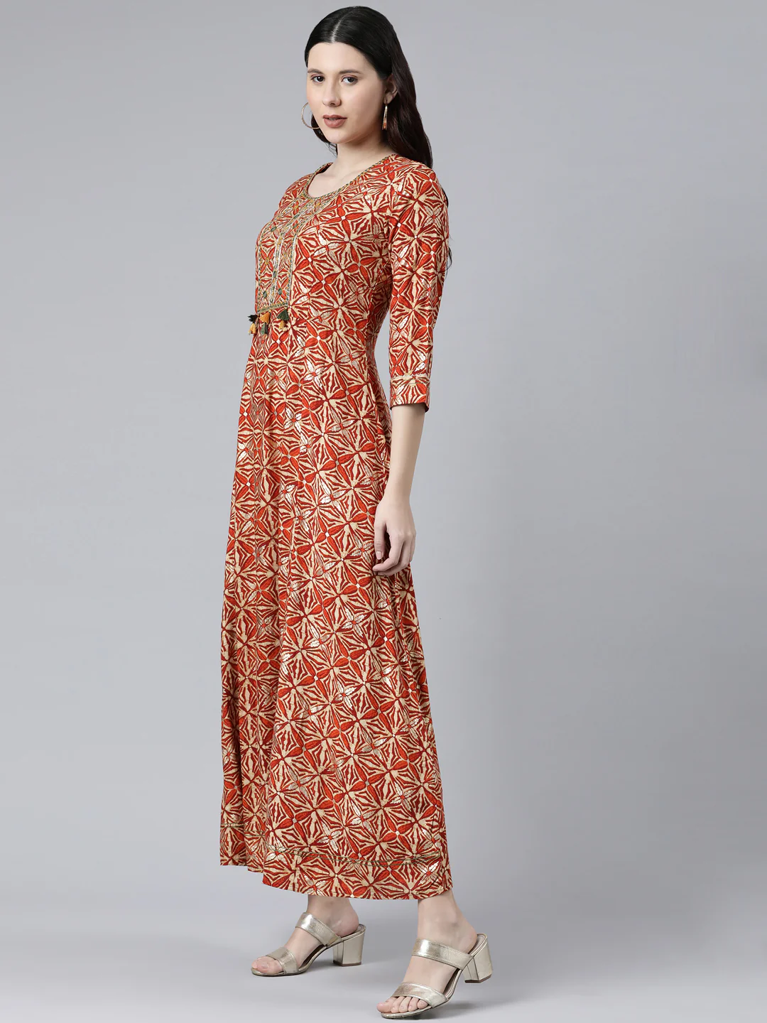 Neerus Rust Color Rayon Fabric Dress - Image 2