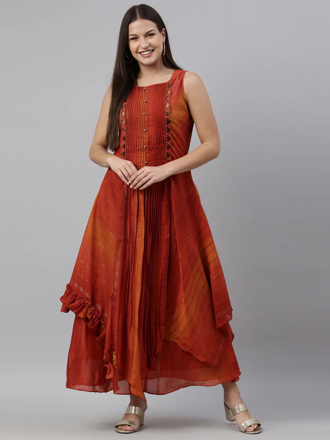 Neerus Rust Color Silk Fabric Kurta - Image 6