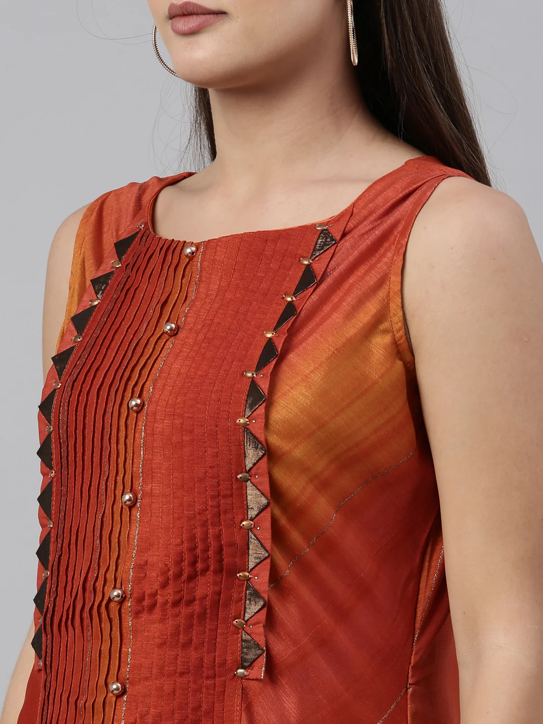 Neerus Rust Color Silk Fabric Kurta - Image 8