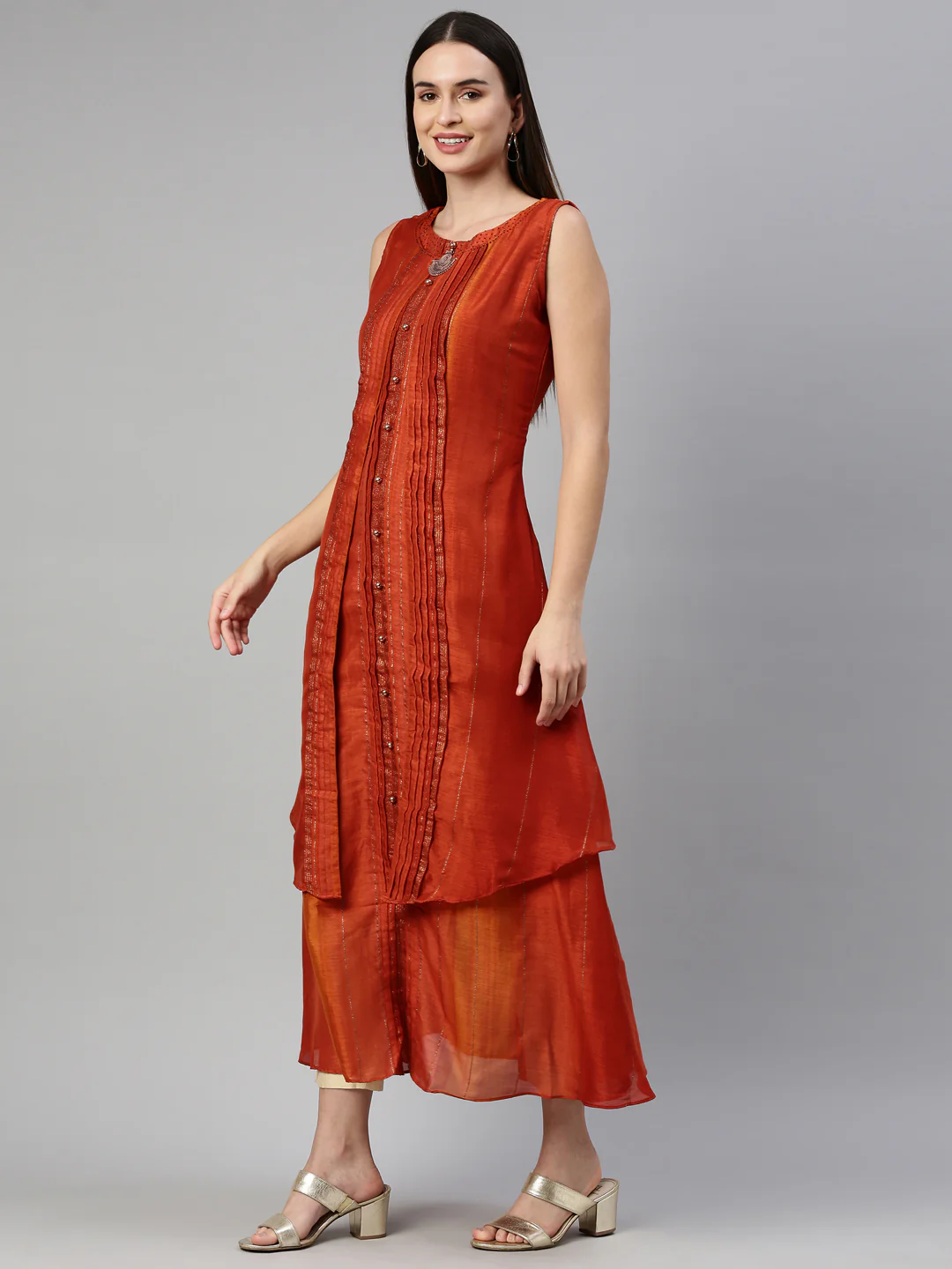 Neerus Rust Color Silk Fabric Kurta - Image 3