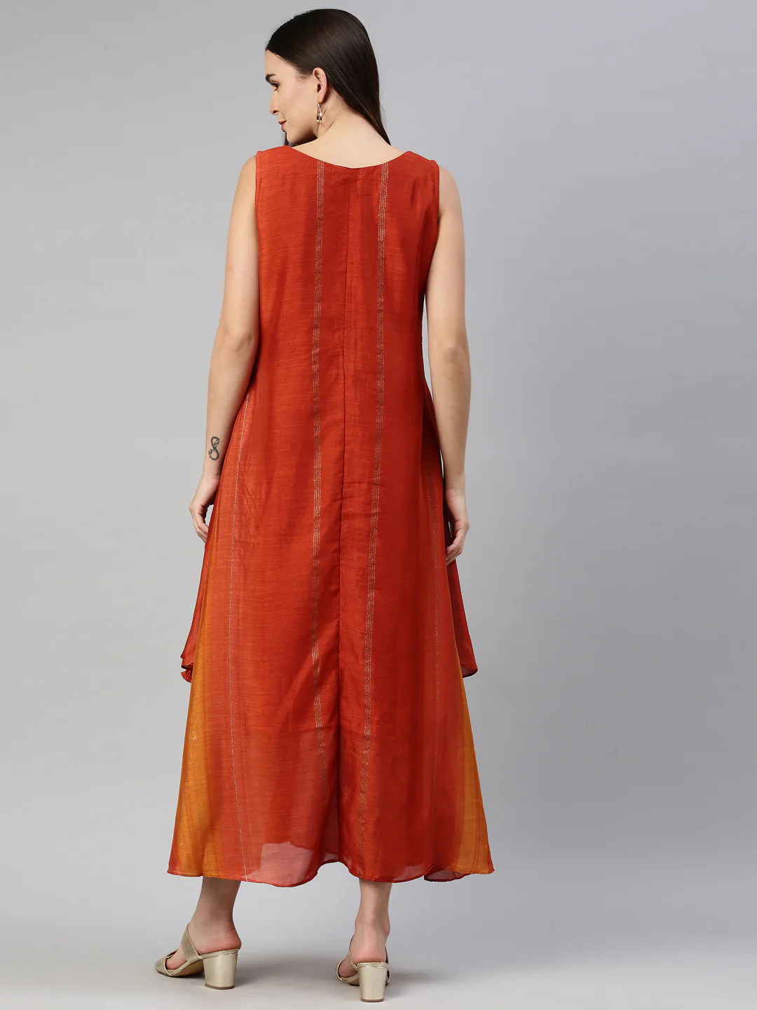 Neerus Rust Color Silk Fabric Kurta - Image 5