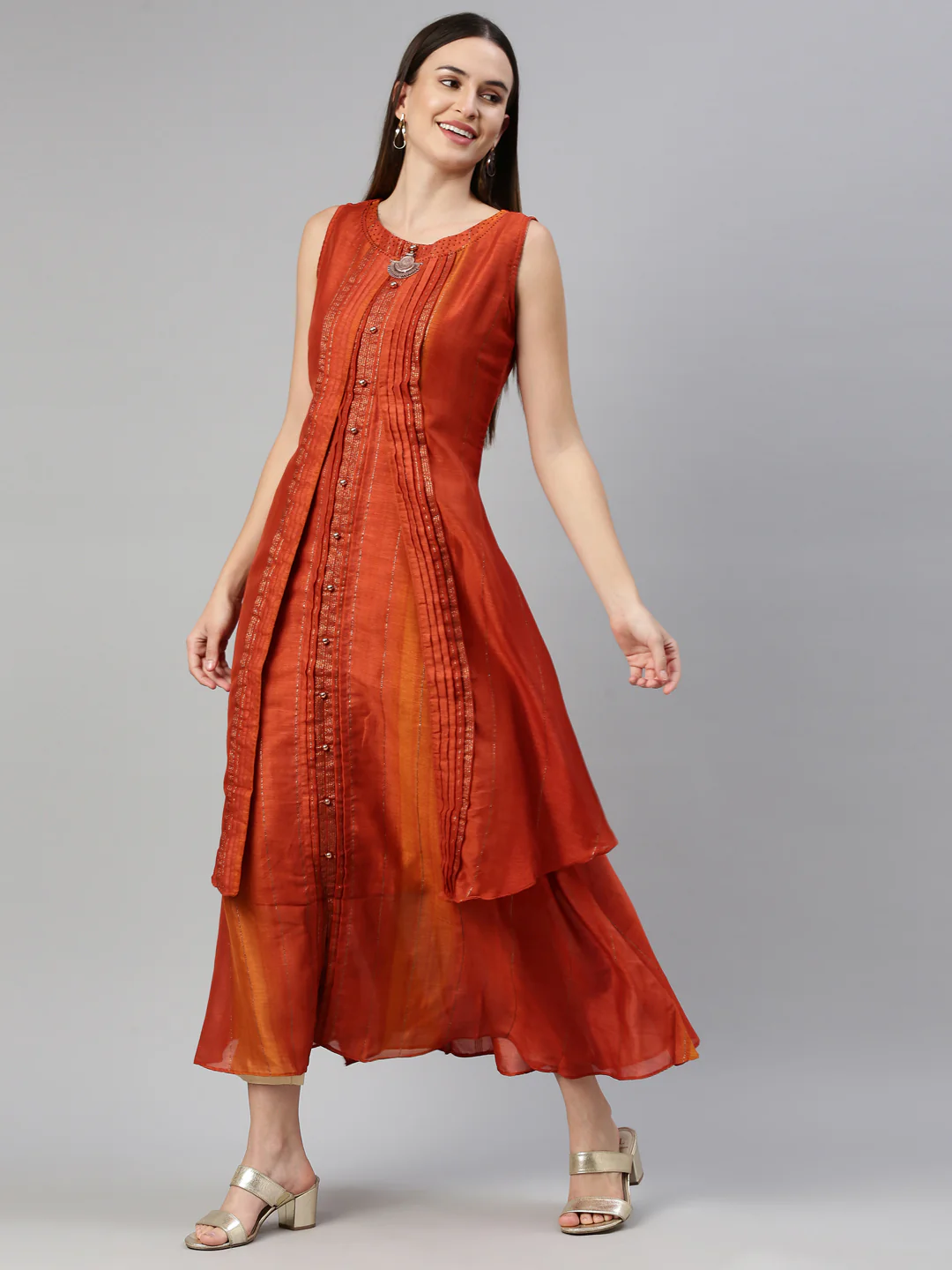 Neerus Rust Color Silk Fabric Kurta - Image 6