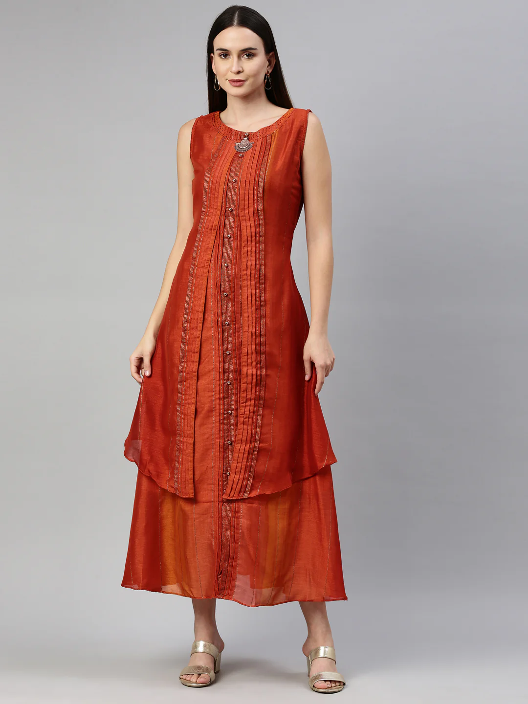 Neerus Rust Color Silk Fabric Kurta - Image 8