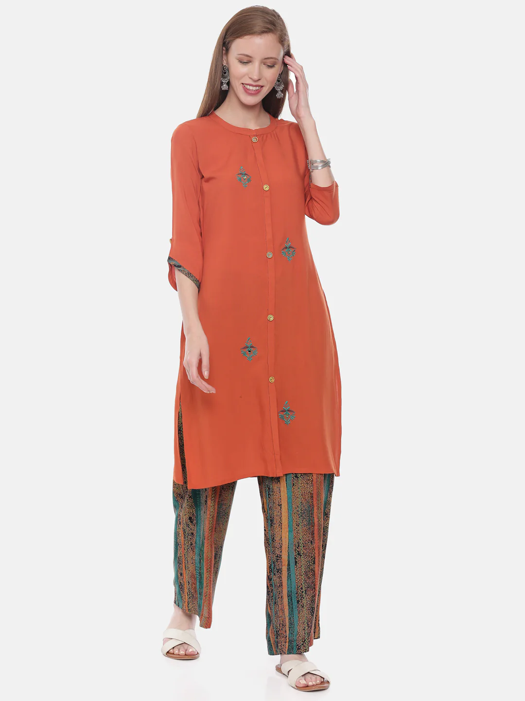 Neerus Rust Embroidered Straight Kurta - Image 6