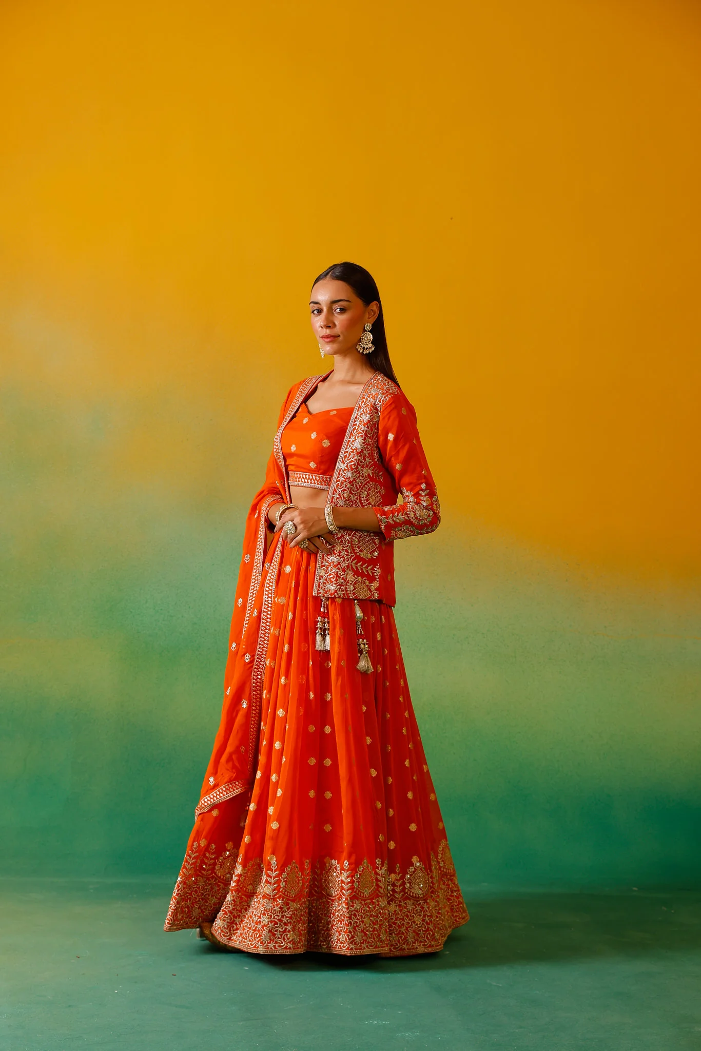 Neerus Rust Embroidery work Organza Fabric Ghagra Set - Image 2