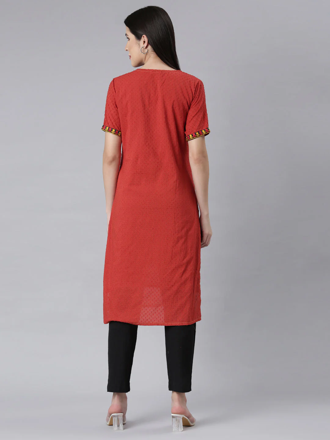 Neerus Rust Panelled Straight Bandhani Kurta - Image 3