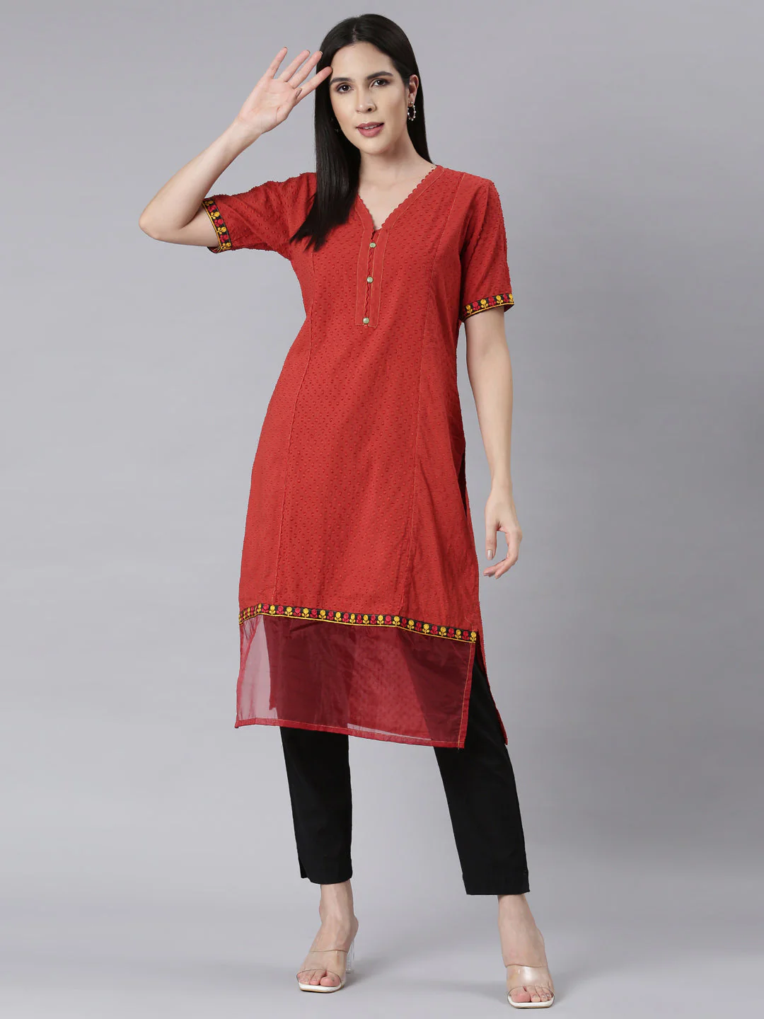 Neerus Rust Panelled Straight Bandhani Kurta - Image 4