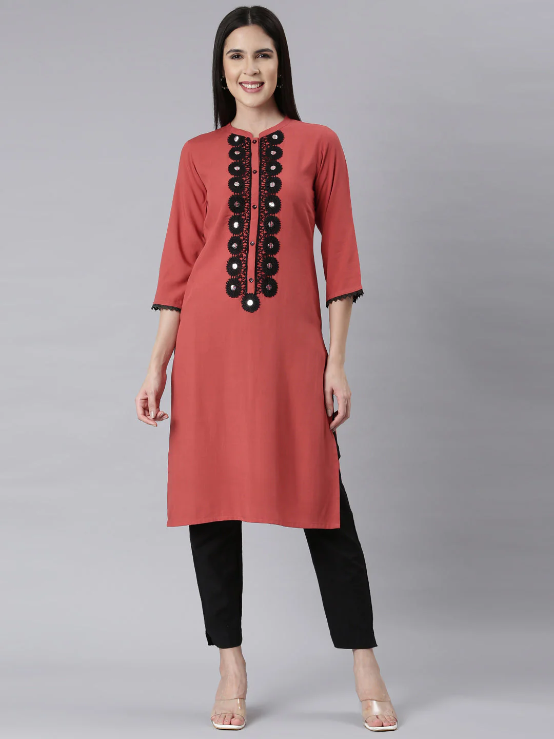 Neerus Rust Panelled Straight Embellished Kurta