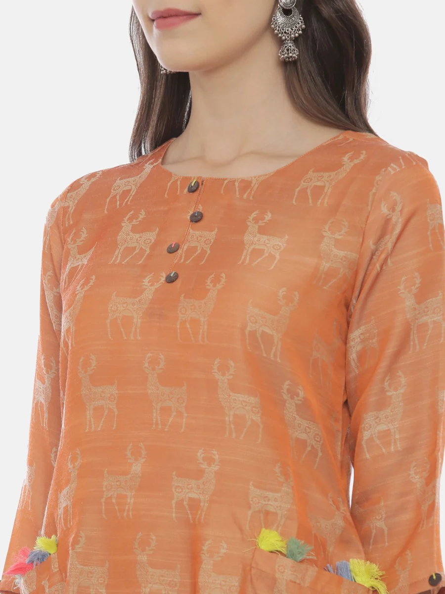Neerus Rust Printed High Low Kurta - Image 3