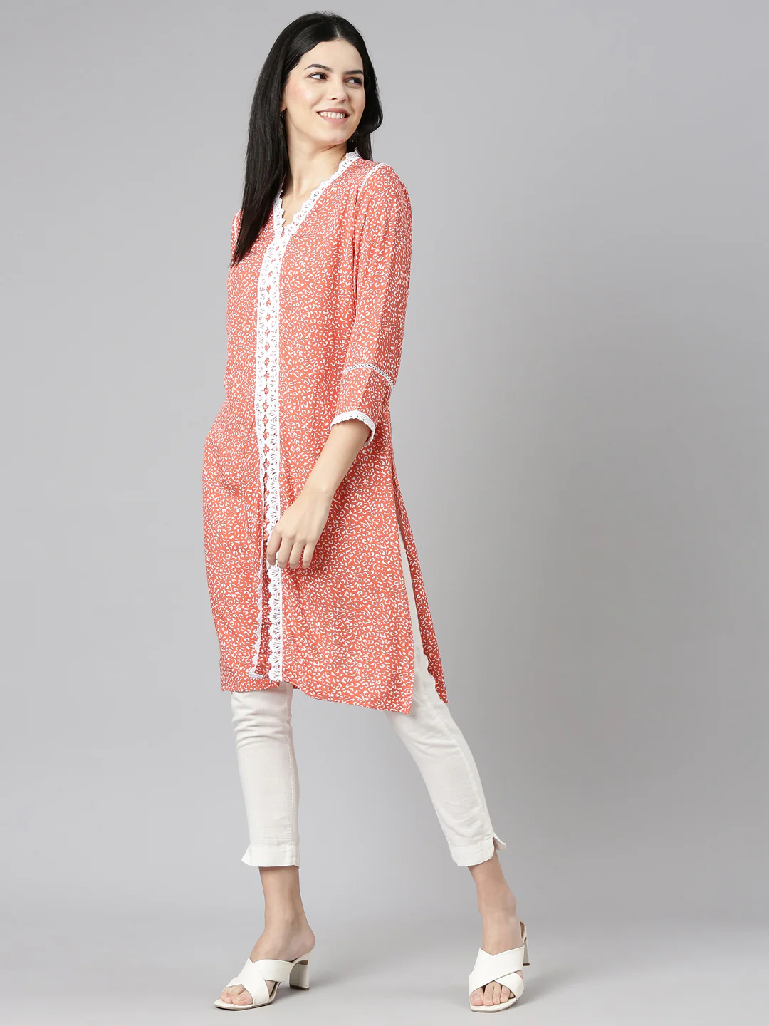 Neerus Rust Regular Straight Printed Kurta - Image 5