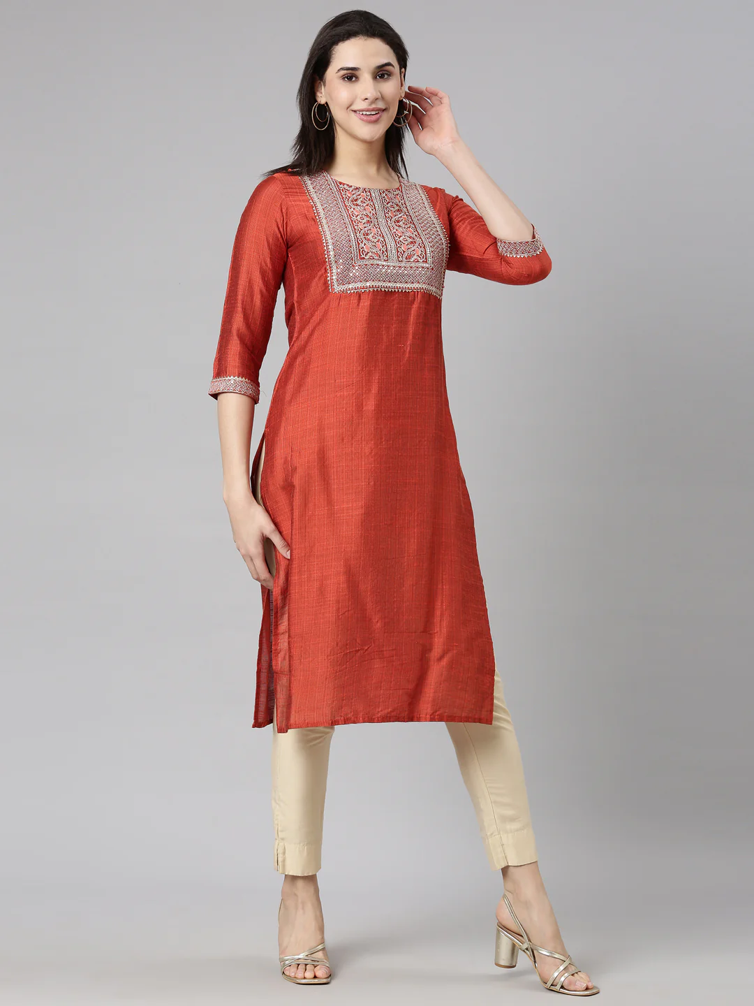 Neerus Rust Regular Straight Solid Kurta - Image 2