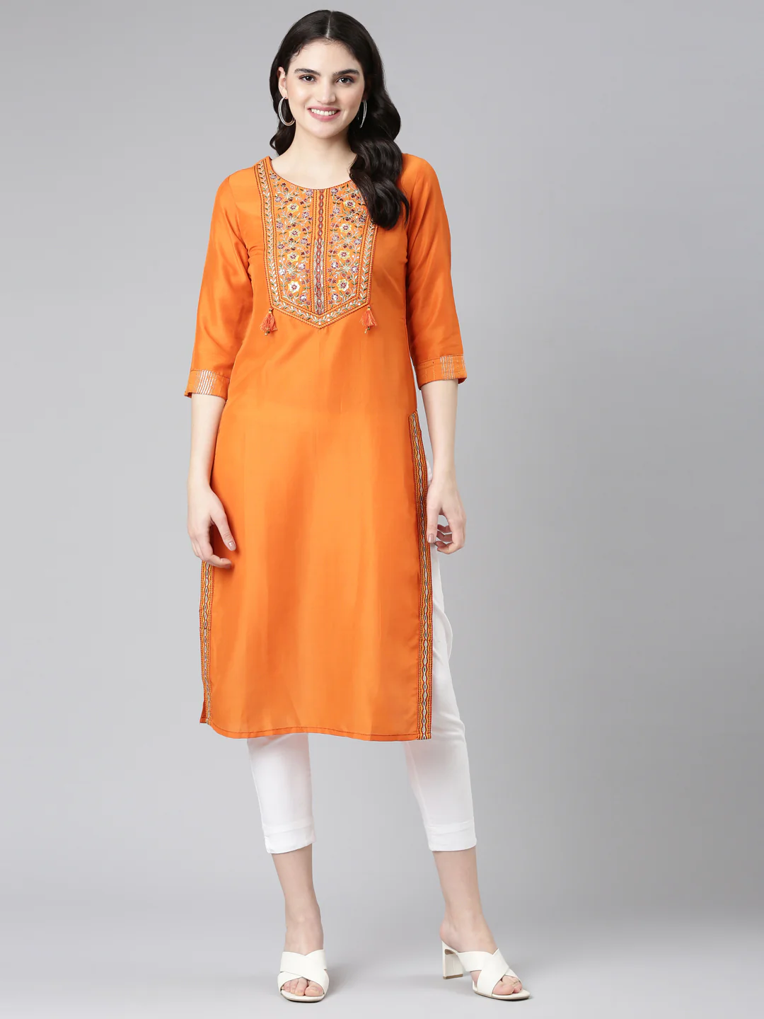 Neerus Rust Regular Straight Yoke Design Kurta