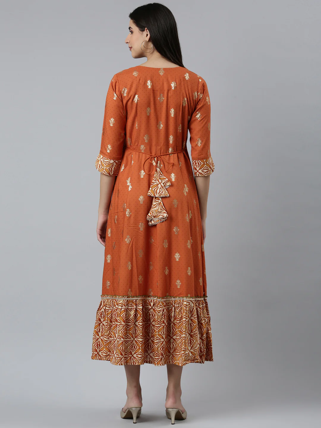 Neerus Rust Straight Casual Embroidered Dress - Image 3