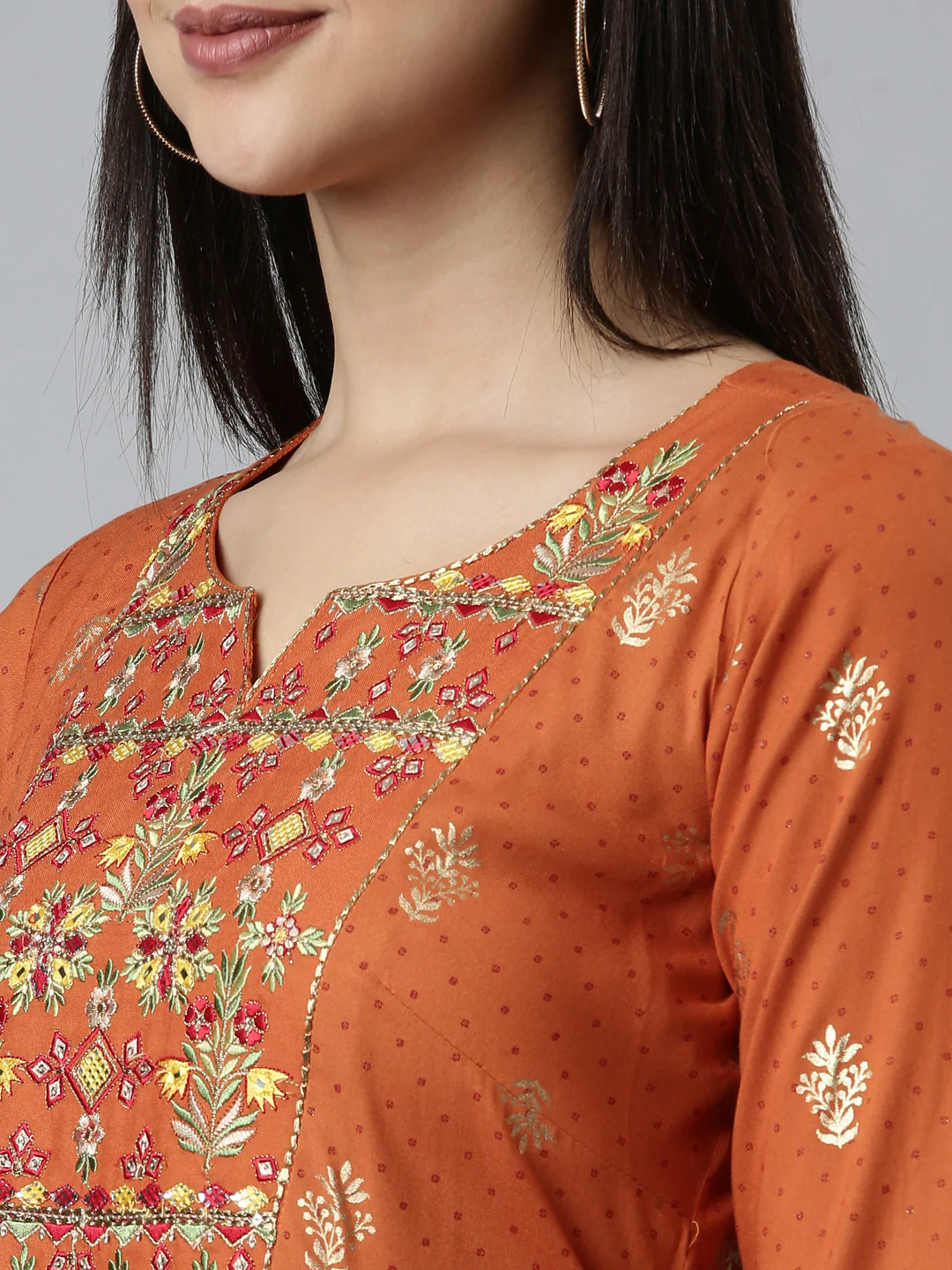 Neerus Rust Straight Casual Embroidered Dress - Image 4
