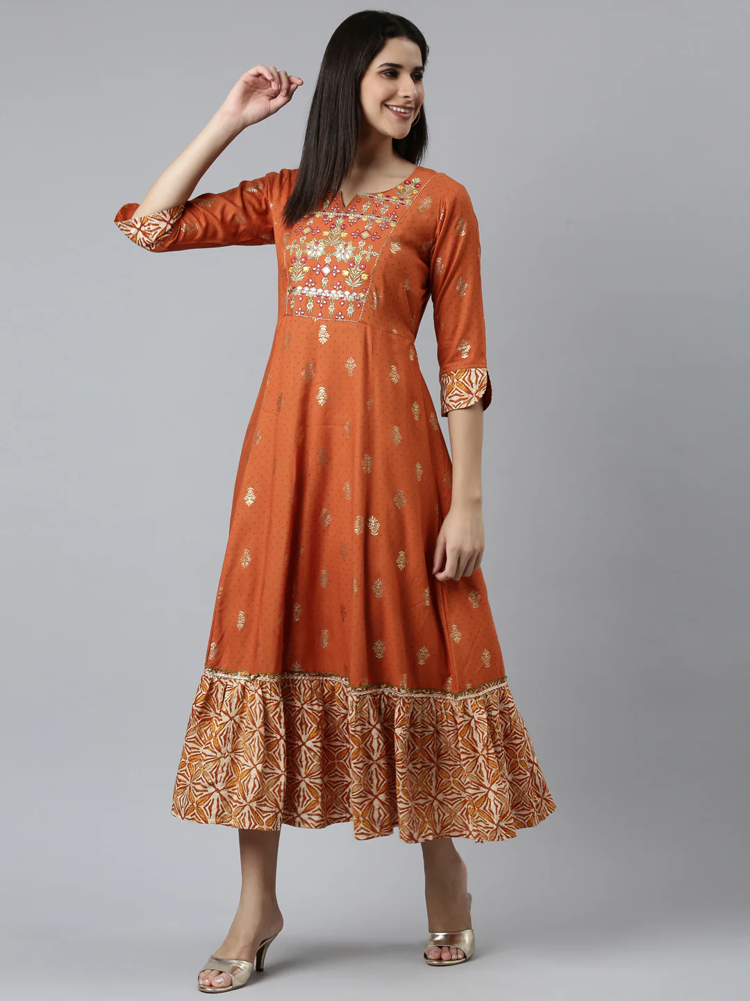 Neerus Rust Straight Casual Embroidered Dress - Image 5