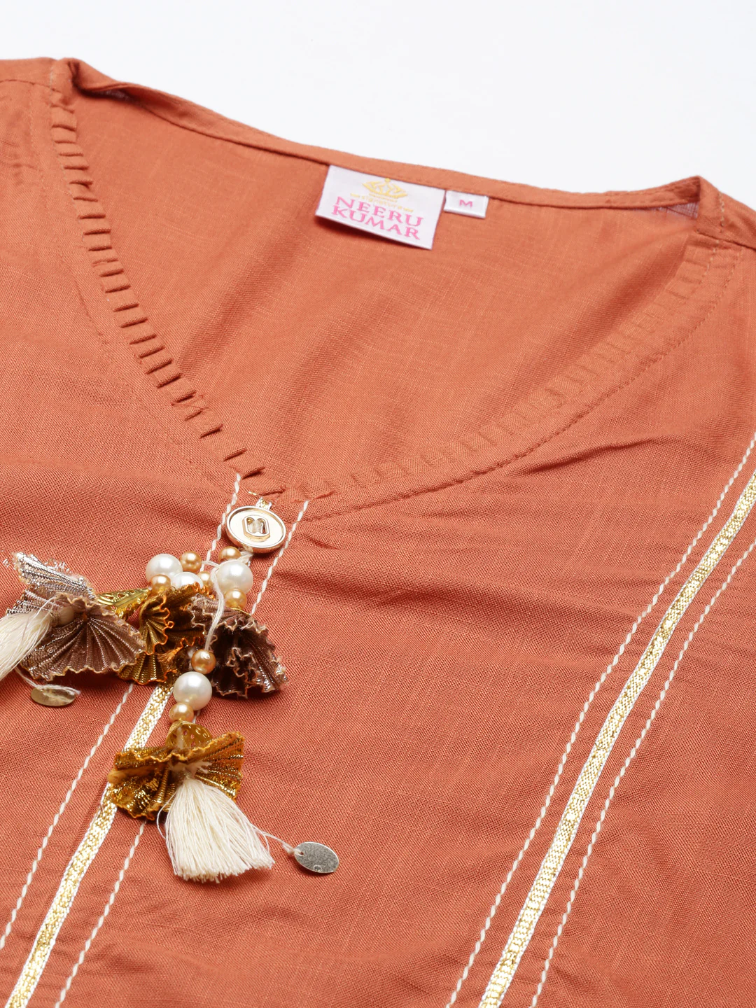 Neerus Rust Straight Straight Cotton Silk Kurta - Image 6