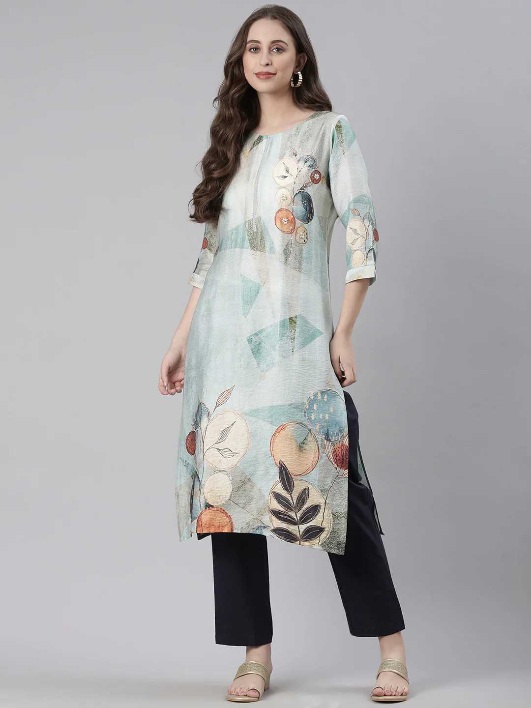 Neerus Sea Green Casual Geometric Straight Kurta - Image 5