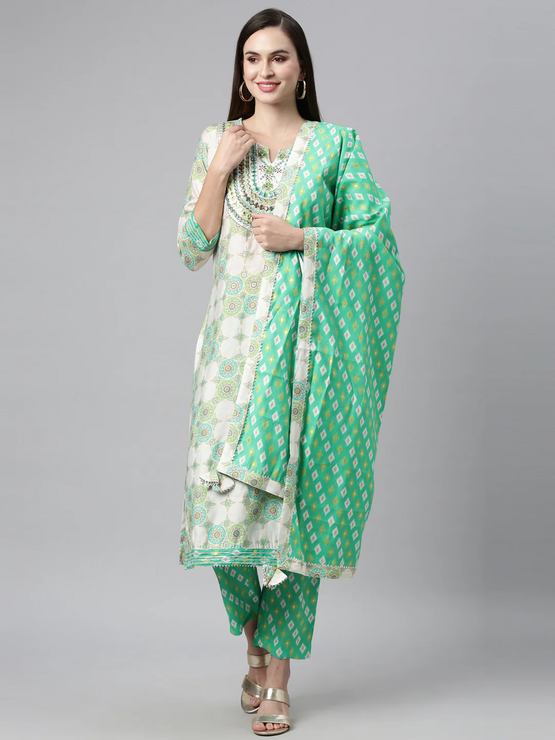 Neerus Sea Green Color Chanderi Cotton Fabric Kurta Sets With Dupatta