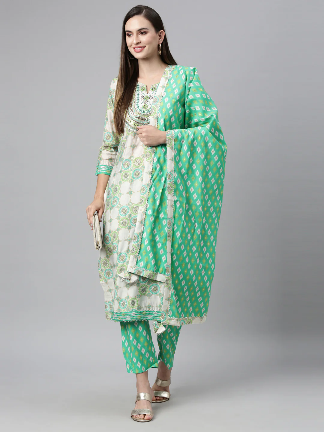 Neerus Sea Green Color Chanderi Cotton Fabric Kurta Sets With Dupatta - Image 5