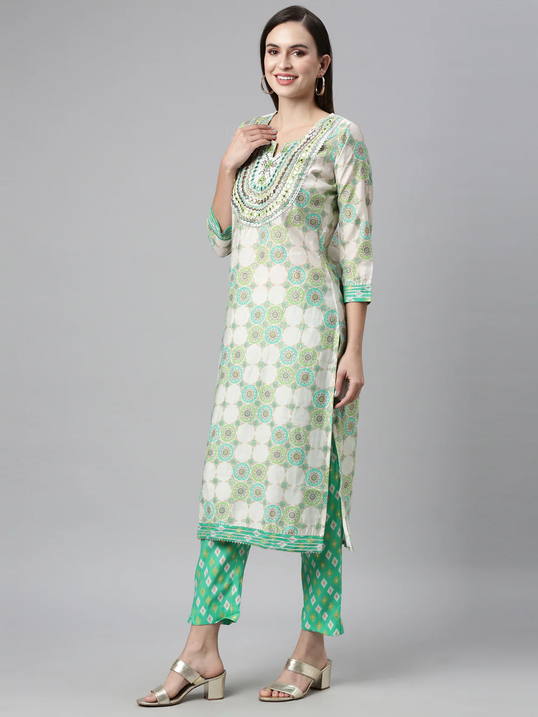 Neerus Sea Green Color Chanderi Cotton Fabric Kurta Sets With Dupatta - Image 6