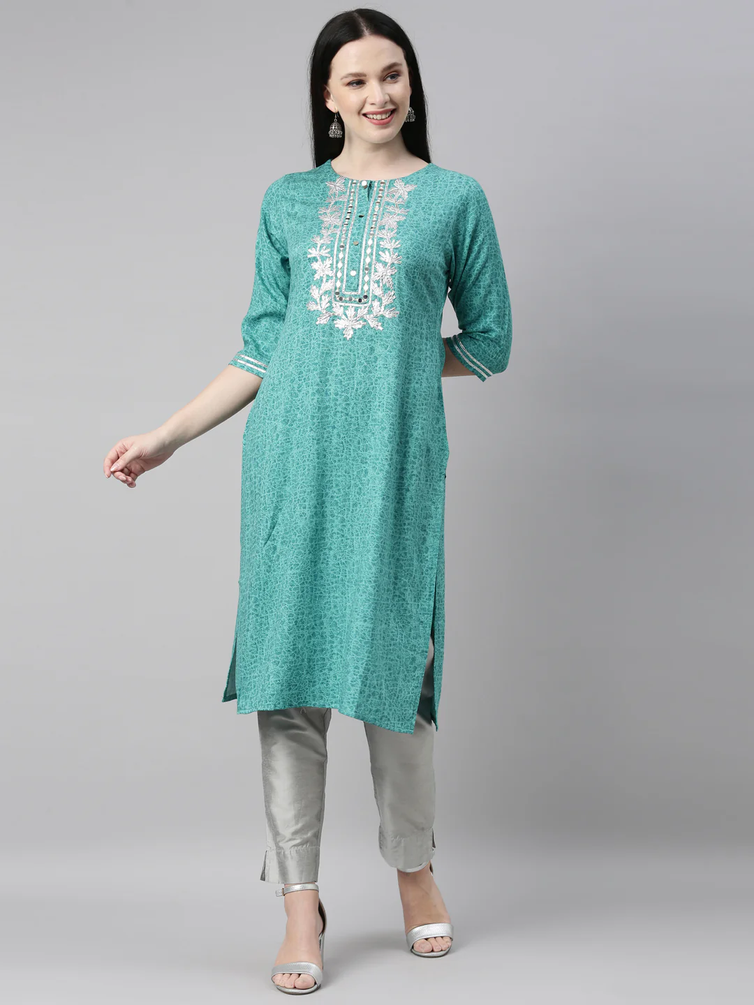 Neerus Sea Green Color Printed Fabric Kurta - Image 8
