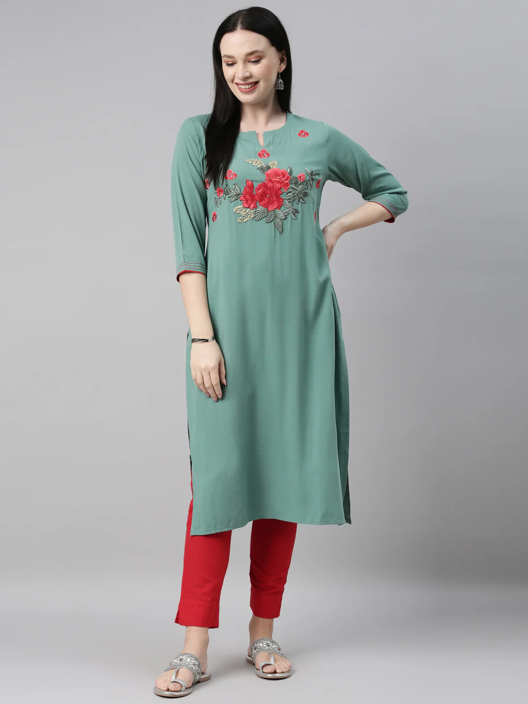 Neerus Sea Green Color Slub Riyon Fabric Kurta - Image 5