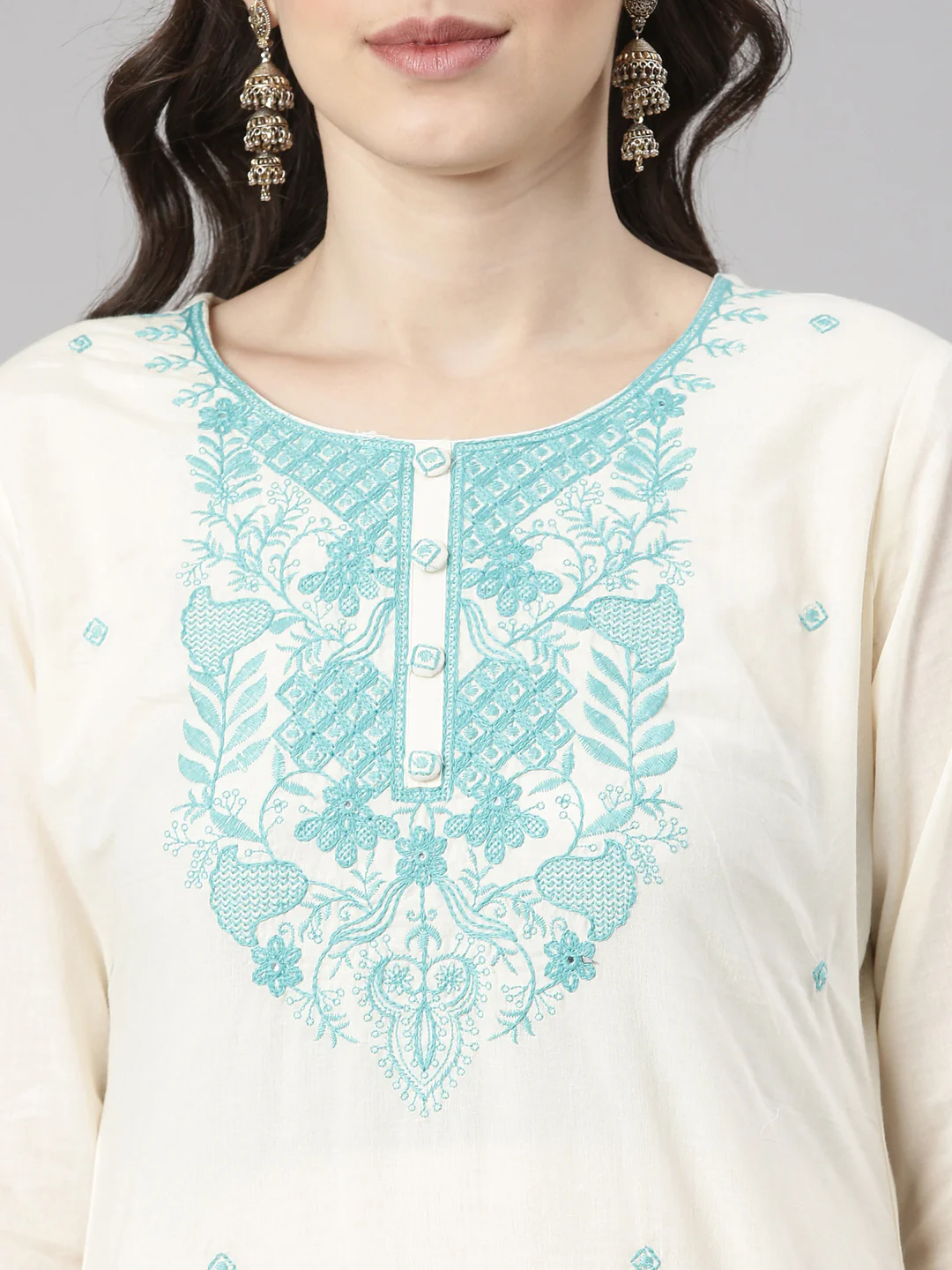 Neerus Sea Green Embroidered Straight Kurta and Trousers With Dupatta - Image 4