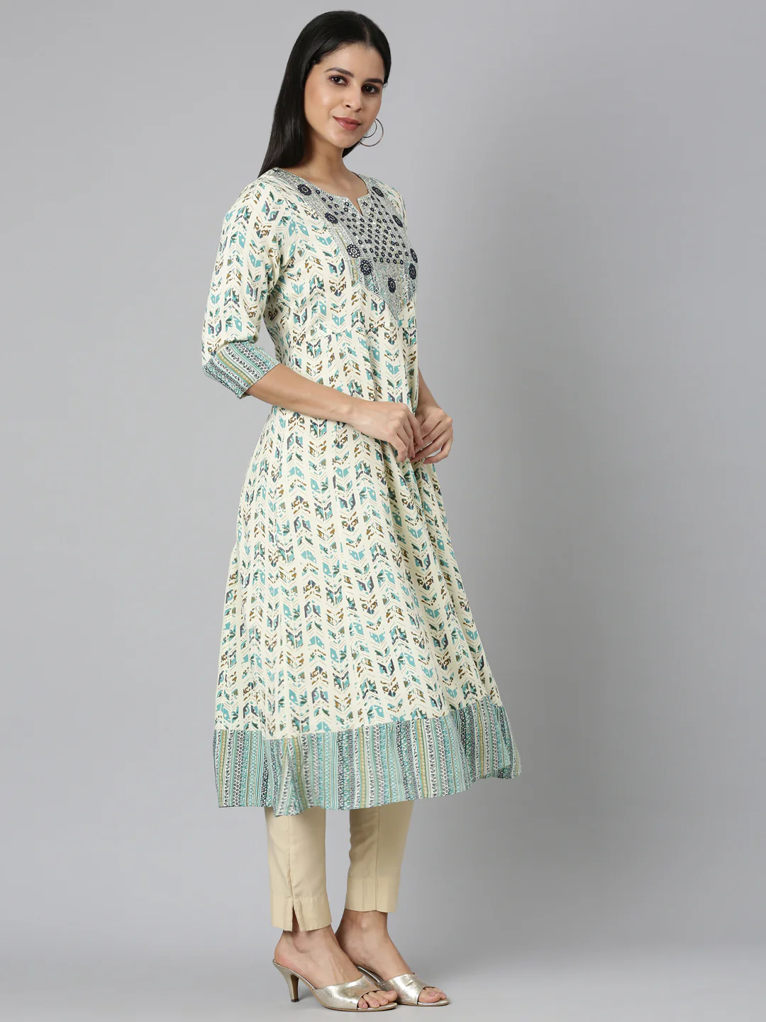 Neerus Sea Green Flared Casual Floral Anarkali Kurta - Image 3