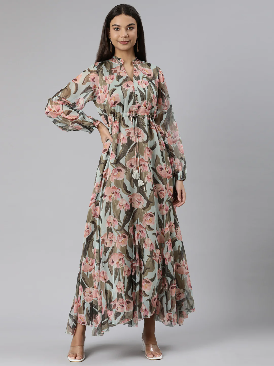 Neerus Sea Green Flared Casual Floral Dresses