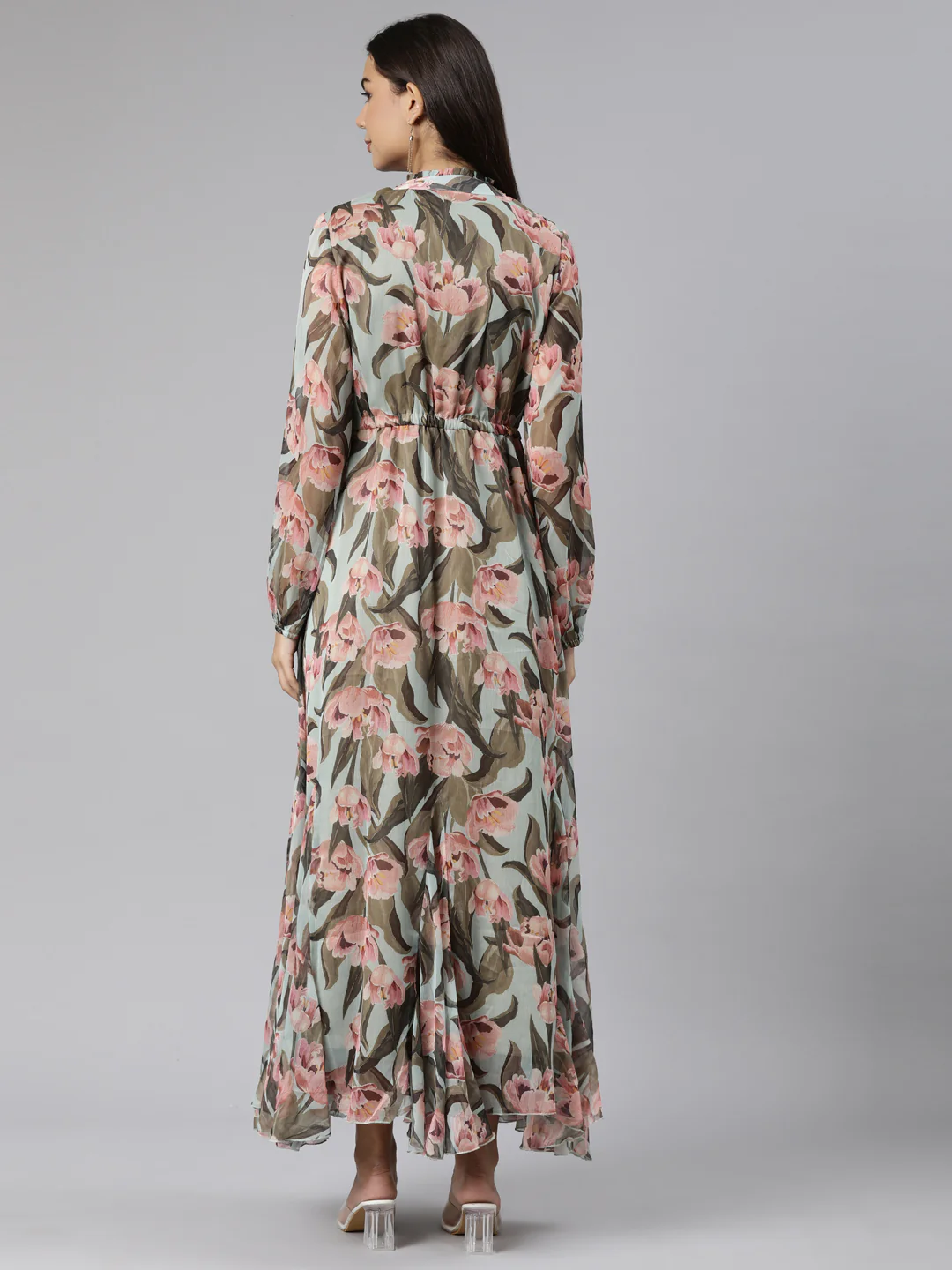 Neerus Sea Green Flared Casual Floral Dresses - Image 3