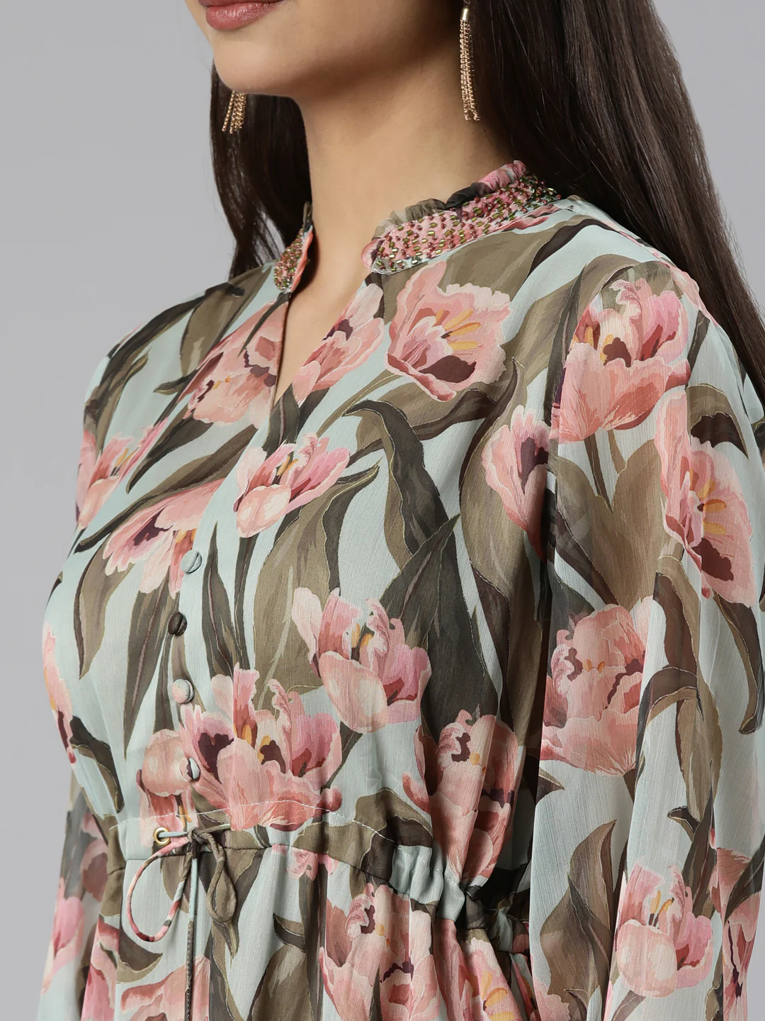 Neerus Sea Green Flared Casual Floral Dresses - Image 4