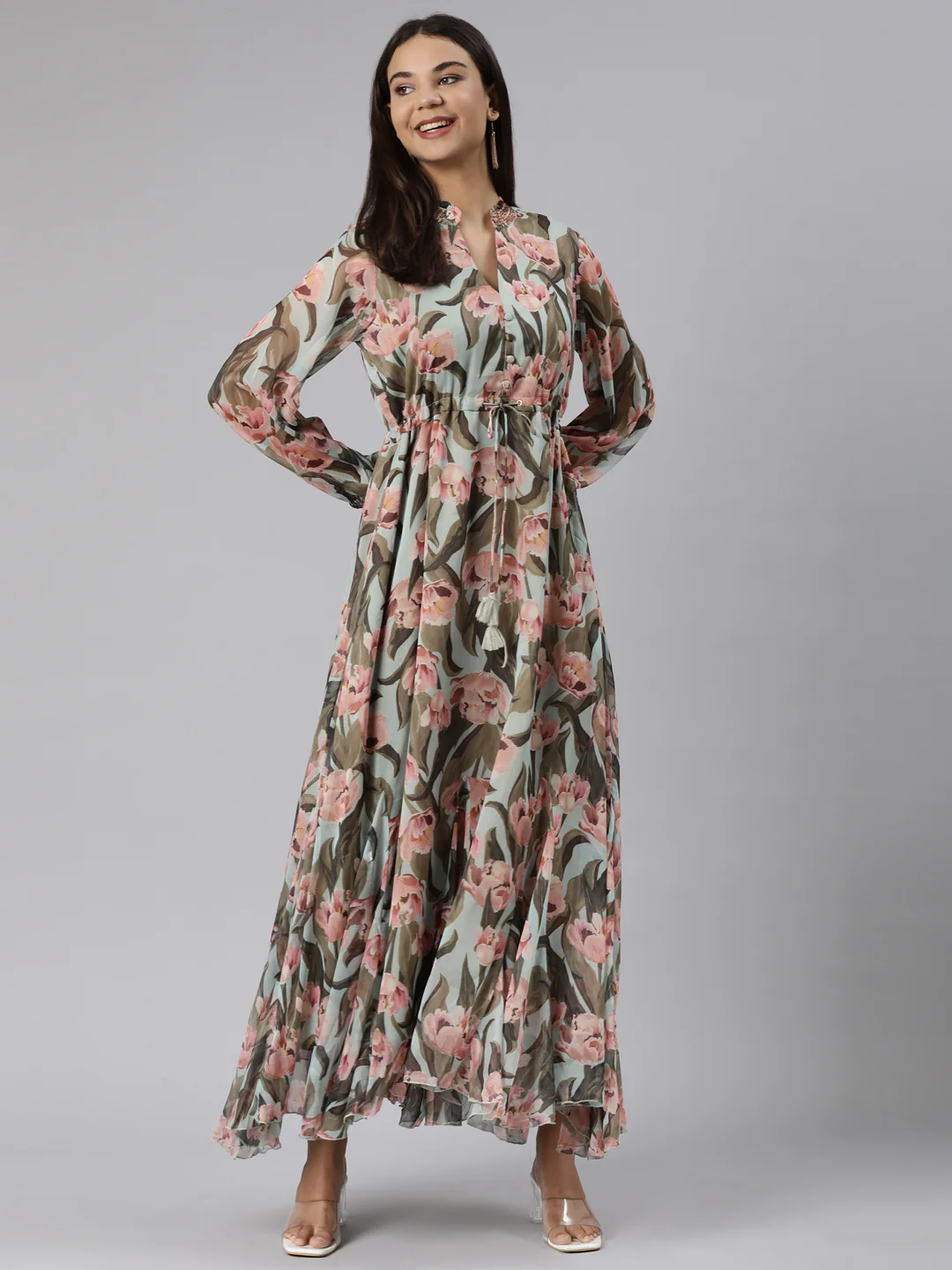 Neerus Sea Green Flared Casual Floral Dresses - Image 5