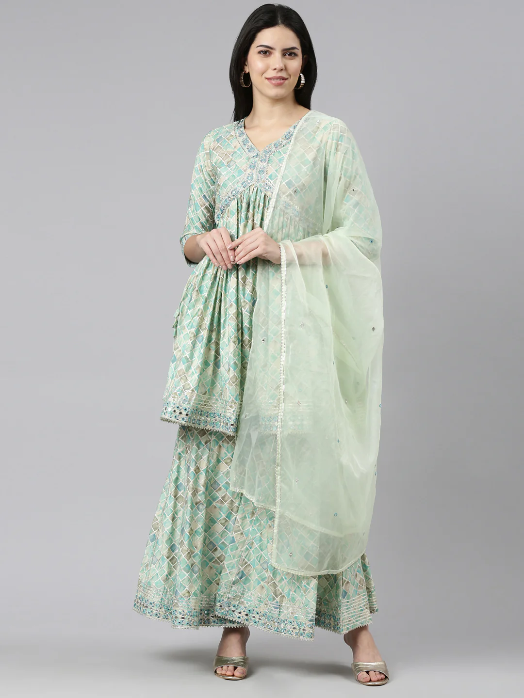 Neerus Sea Green Pleated Straight Printed Kurta And Sharara With Dupatta