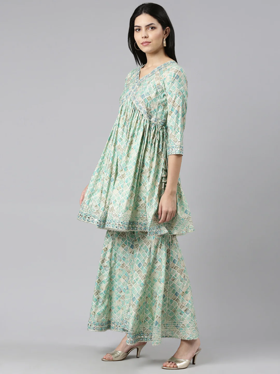 Neerus Sea Green Pleated Straight Printed Kurta And Sharara With Dupatta - Image 2
