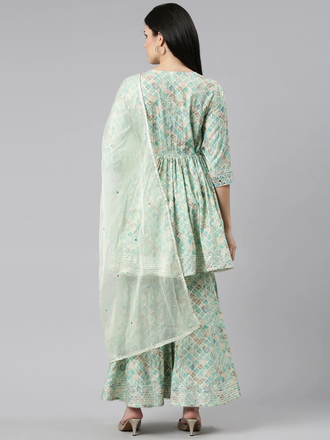 Neerus Sea Green Pleated Straight Printed Kurta And Sharara With Dupatta - Image 3