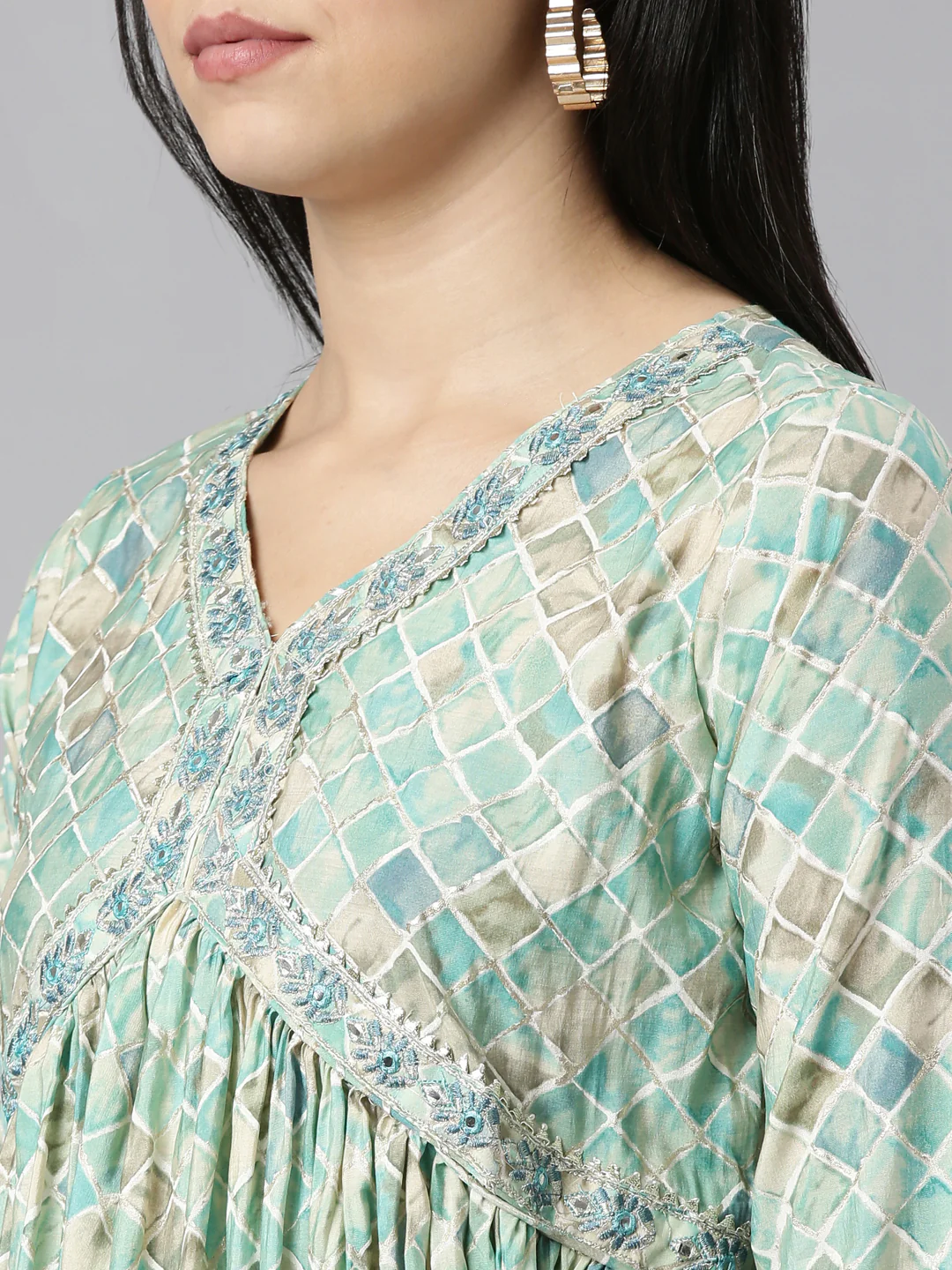 Neerus Sea Green Pleated Straight Printed Kurta And Sharara With Dupatta - Image 4