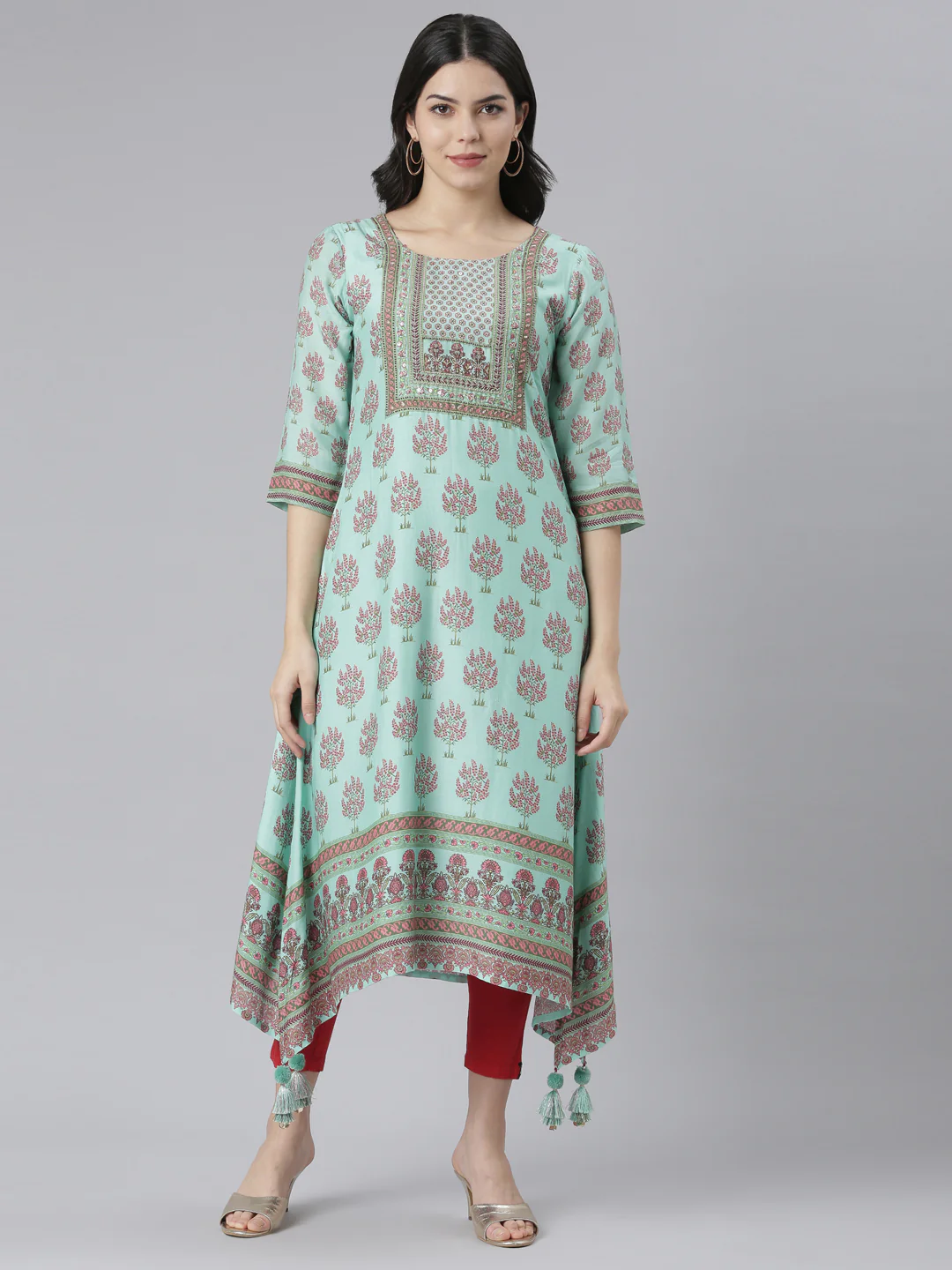 Neerus Sea Green Regular High-Low Kurta