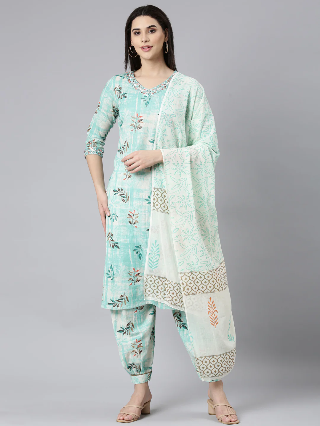 Neerus Sea Green Regular Straight Floral Kurta And Salwar With Dupatta