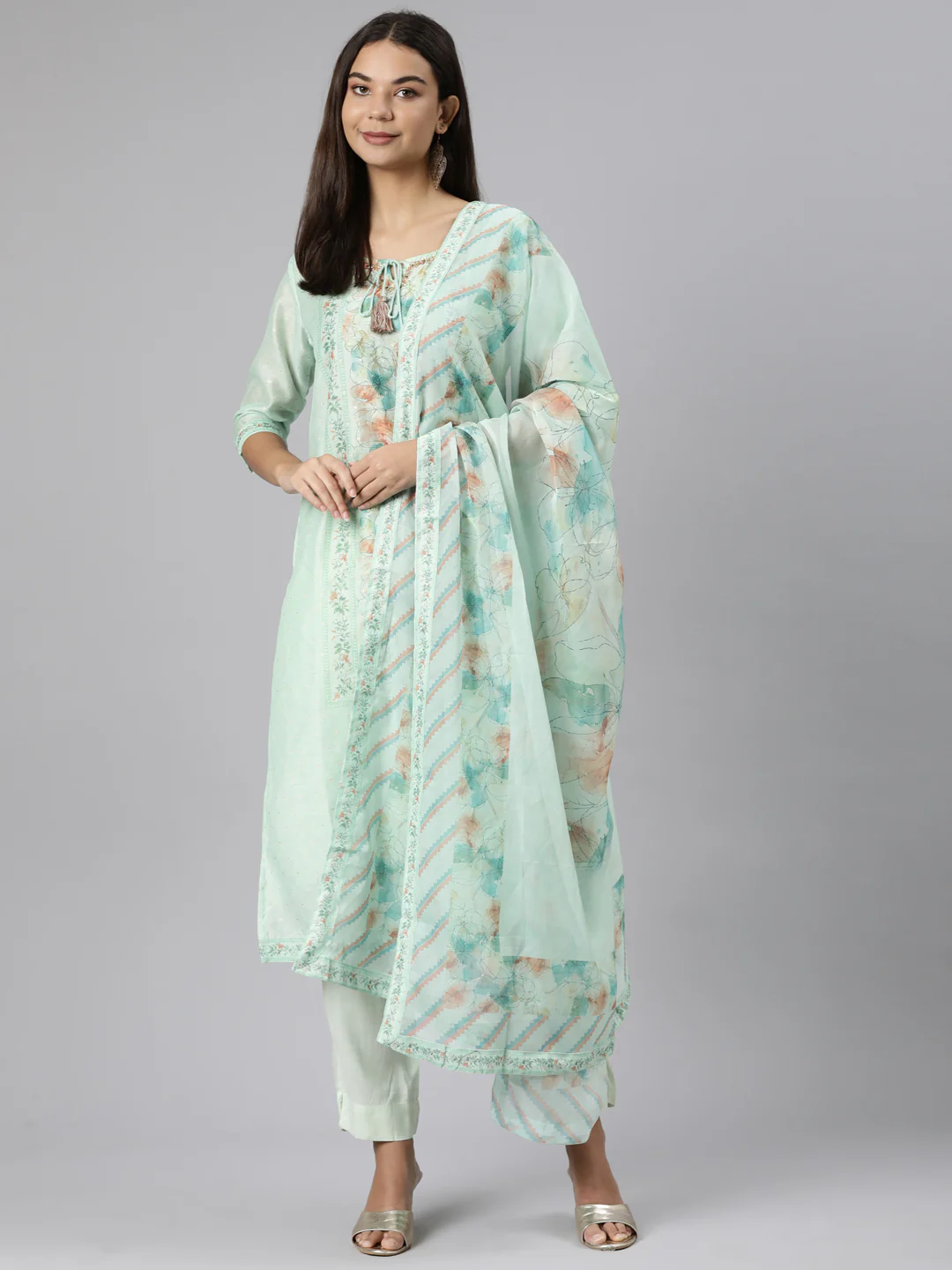 Neerus Sea Green Regular Straight Floral Kurta And Trousers With Dupatta