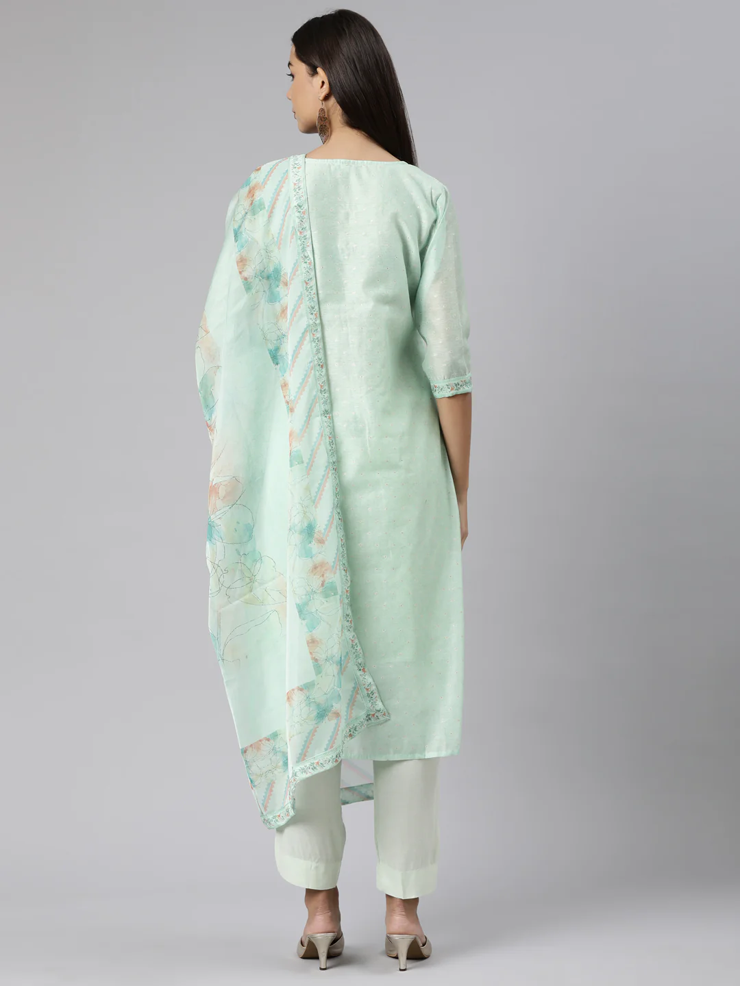 Neerus Sea Green Regular Straight Floral Kurta And Trousers With Dupatta - Image 3